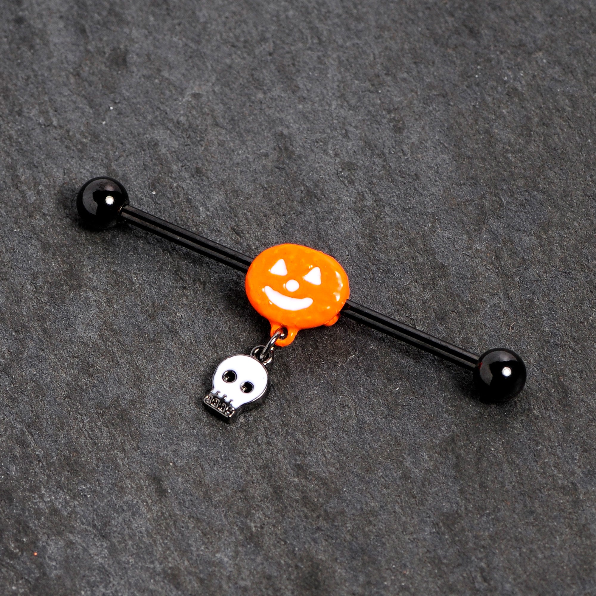 14G Orange Pumpkin Skull Halloween Dangle Industrial Barbell 38mm