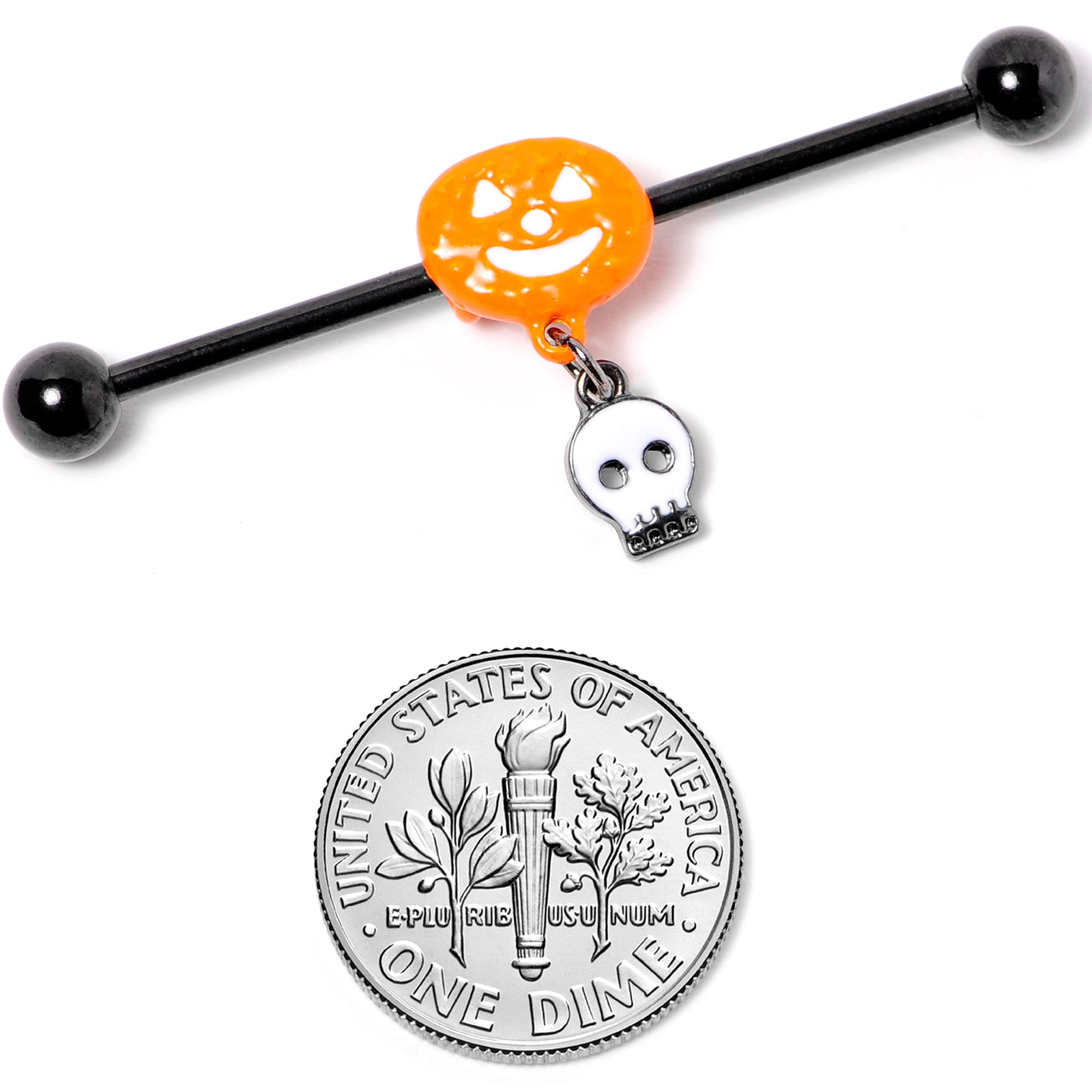 14G Orange Pumpkin Skull Halloween Dangle Industrial Barbell 38mm
