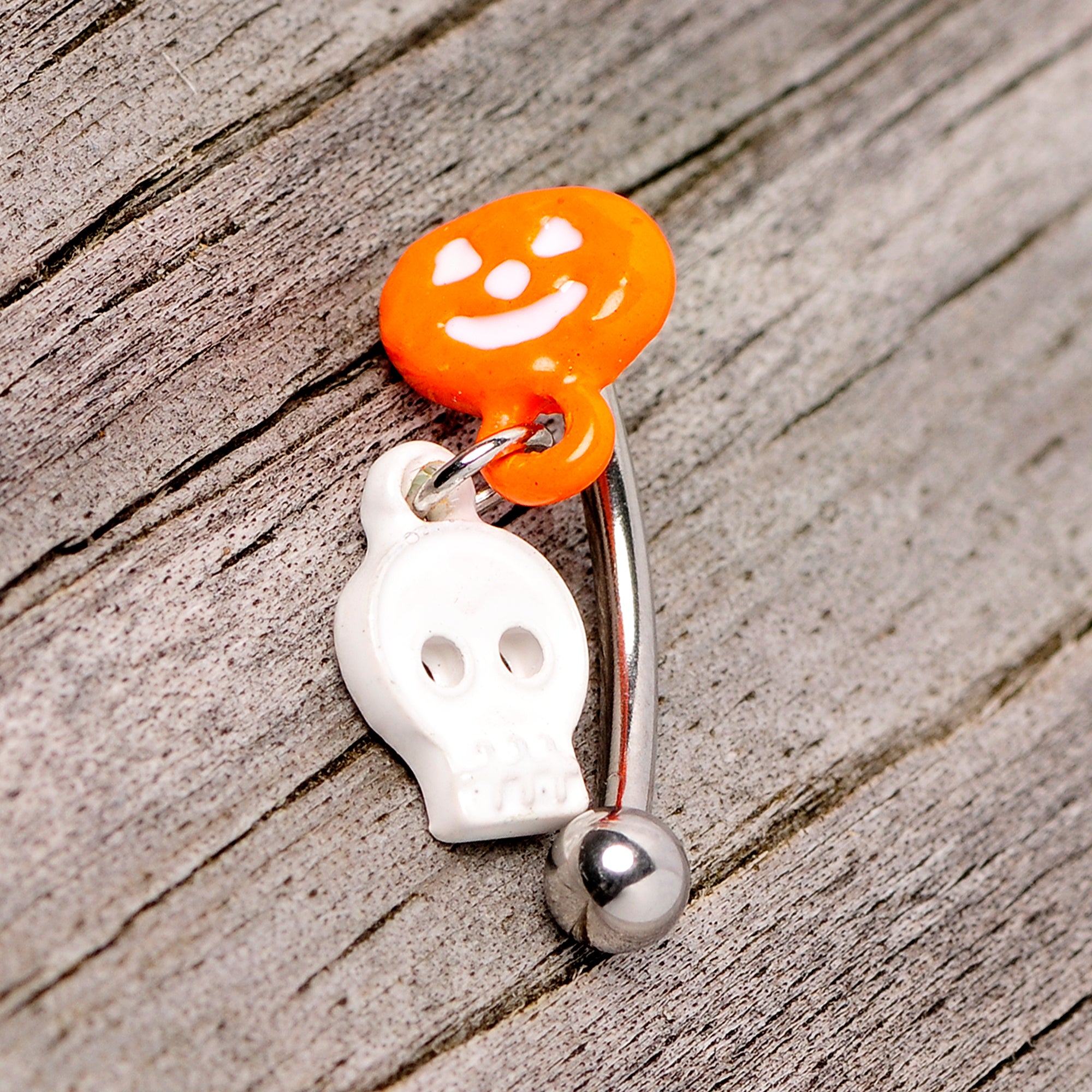 16G 3/8 Pumpkin Ghost Halloween Dangle Curved Eyebrow Ring