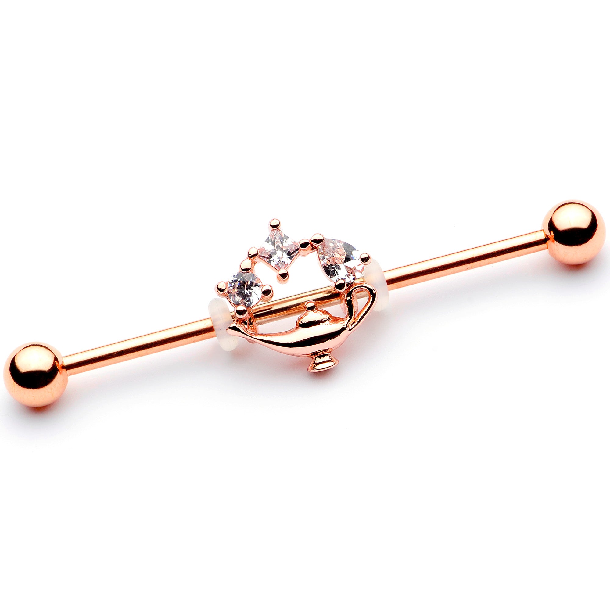 14G Clear CZ Gem Rose Gold Hue Genie Lamp Industrial Barbell 38mm