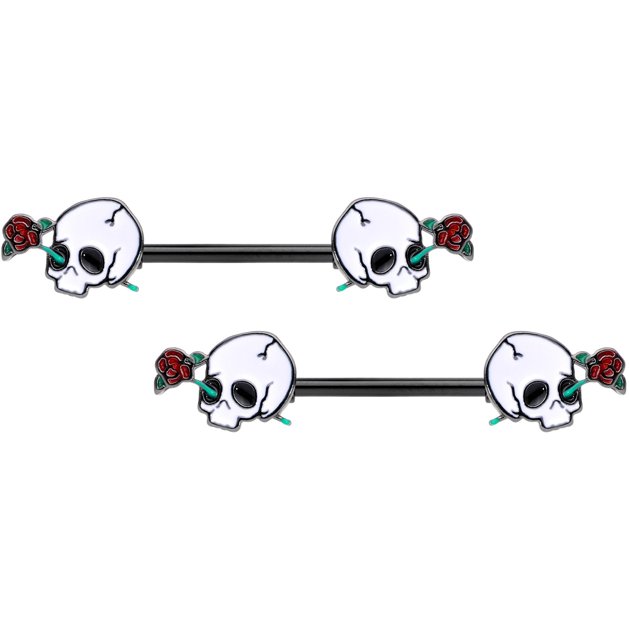 14G 9/16 Black PVD Rose Scary Skull Halloween Nipple Ring Set
