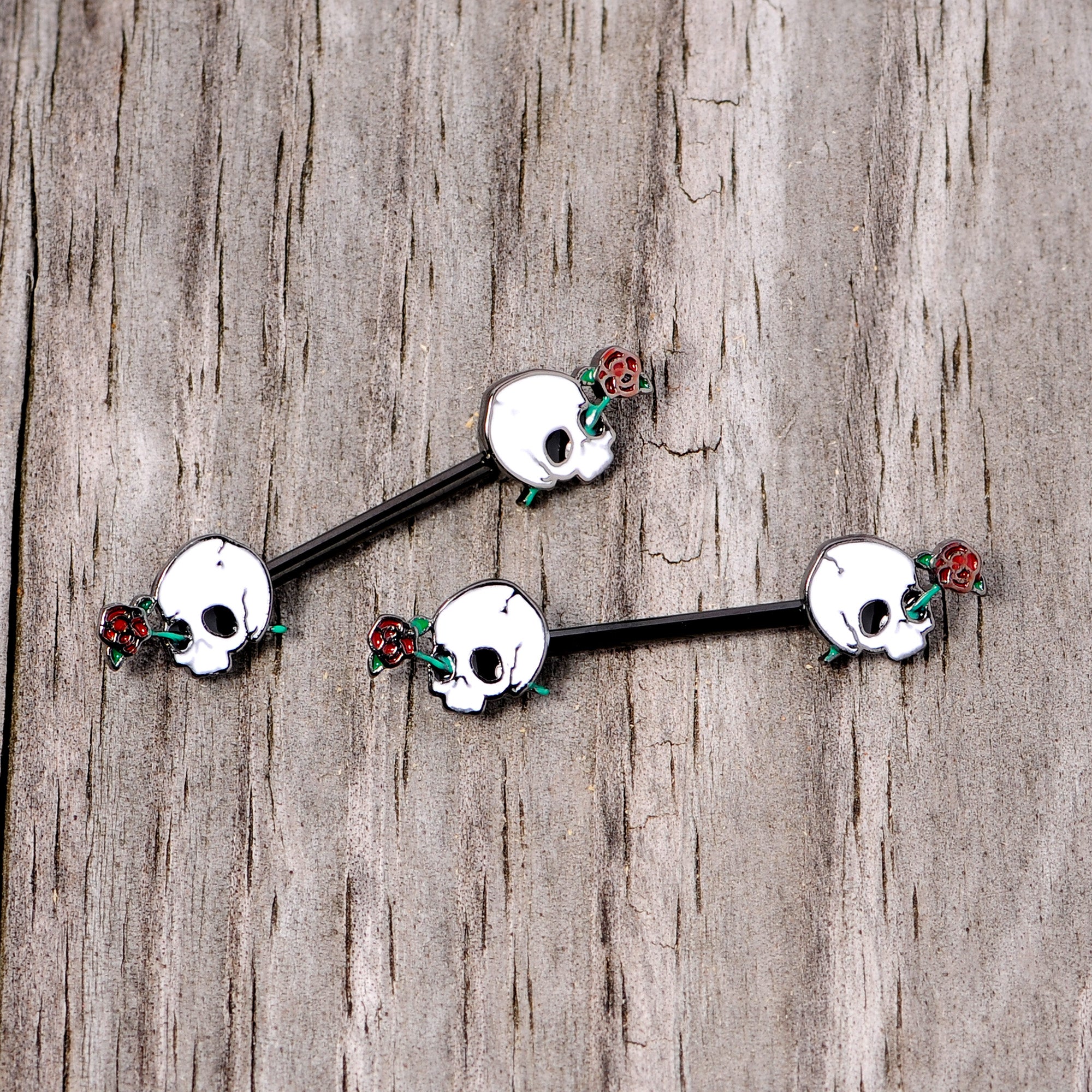 14G 9/16 Black PVD Rose Scary Skull Halloween Nipple Ring Set