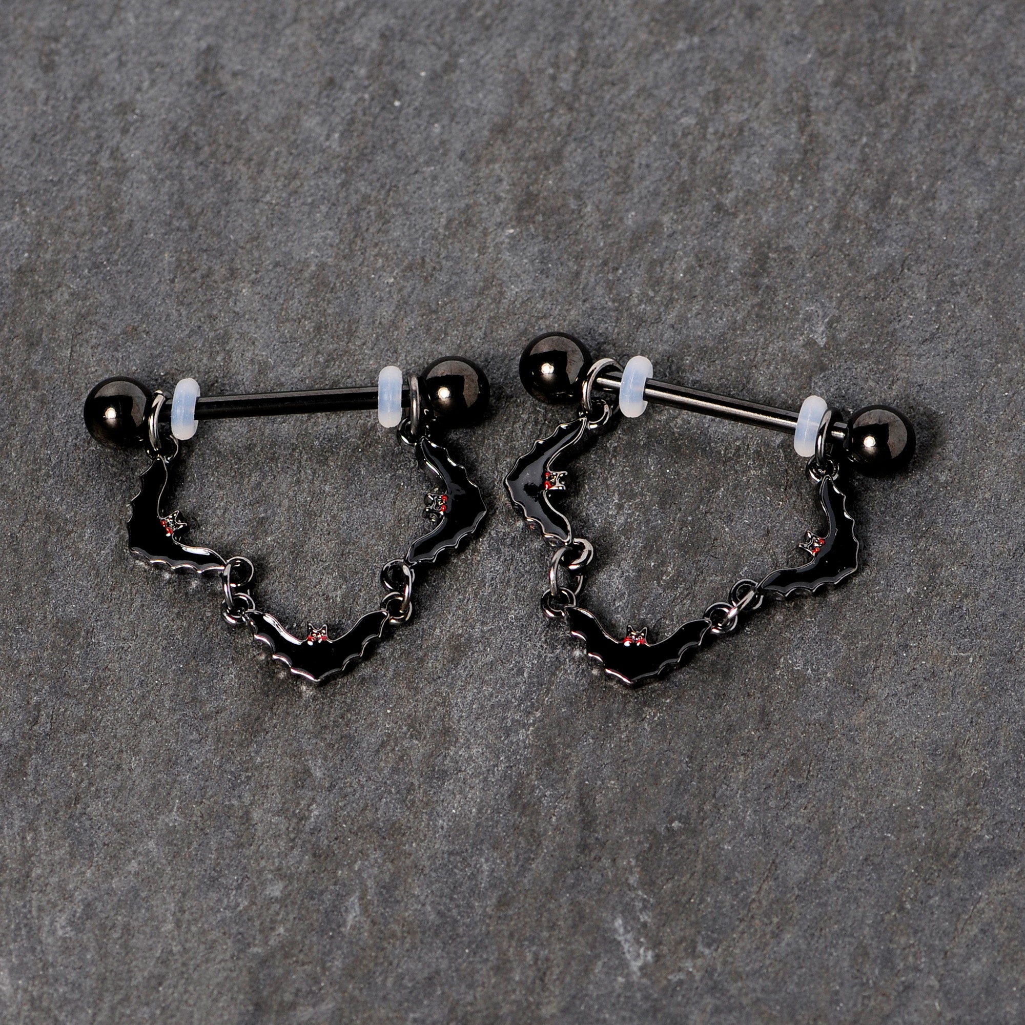 14G 9/16 Black Vampire Bat Halloween Dangle Nipple Ring Set