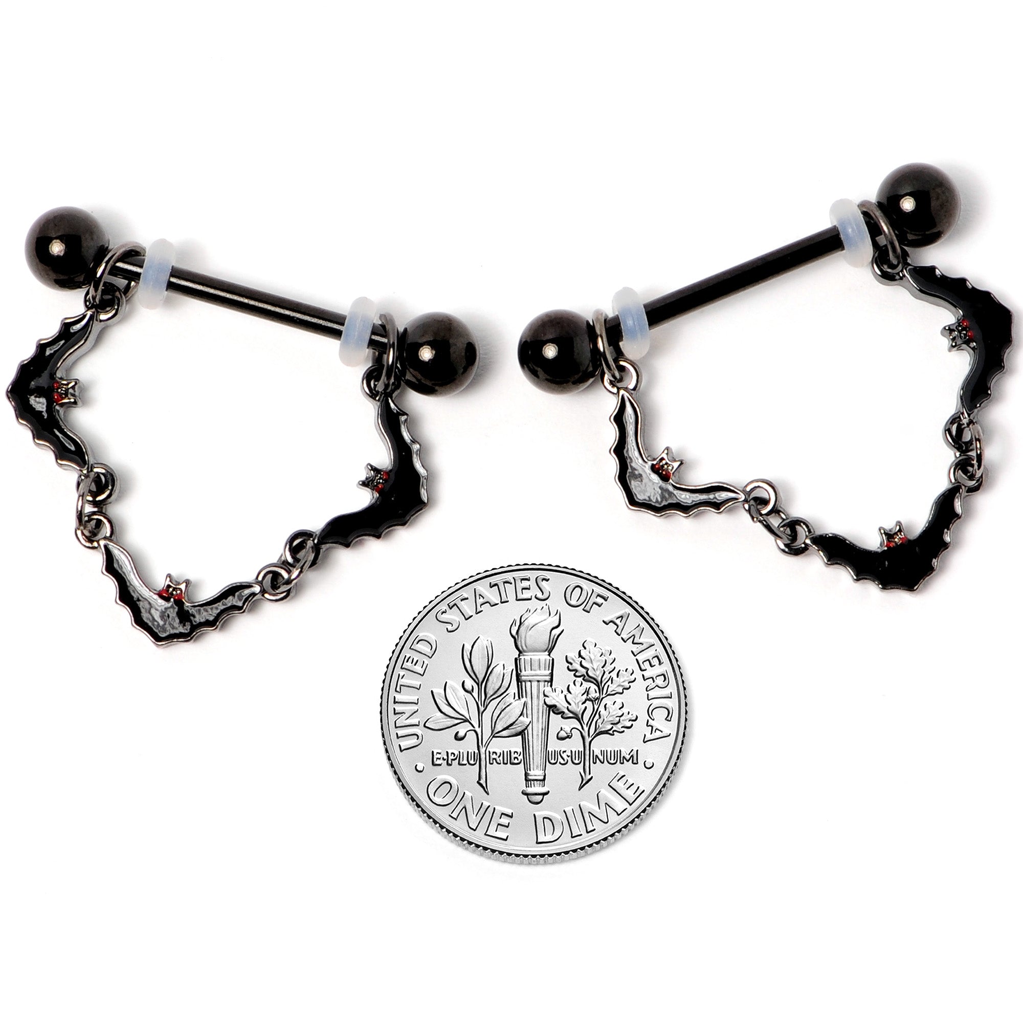 14G 9/16 Black Vampire Bat Halloween Dangle Nipple Ring Set
