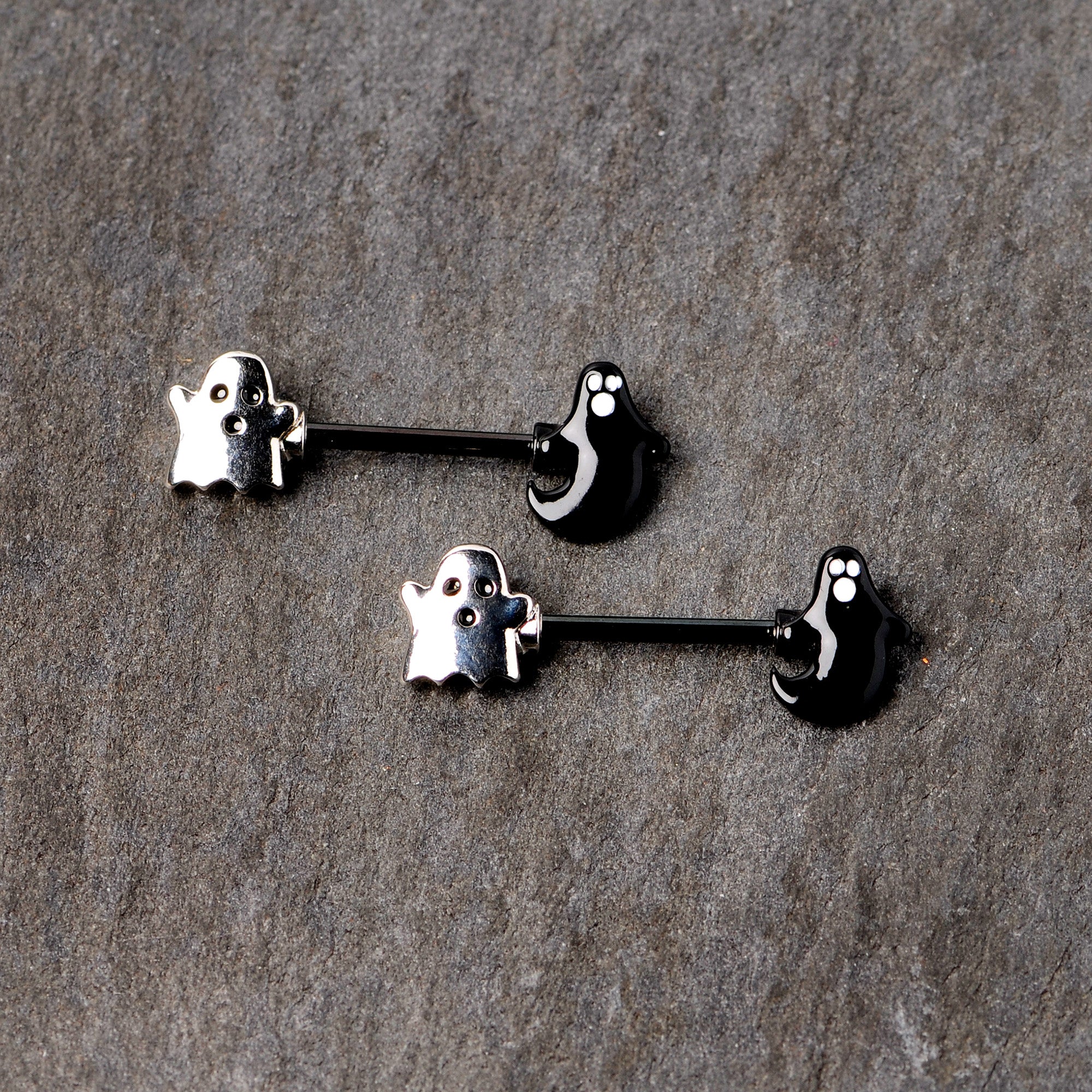 14G 9/16 Black PVD Black Ghost Halloween Nipple Ring Set