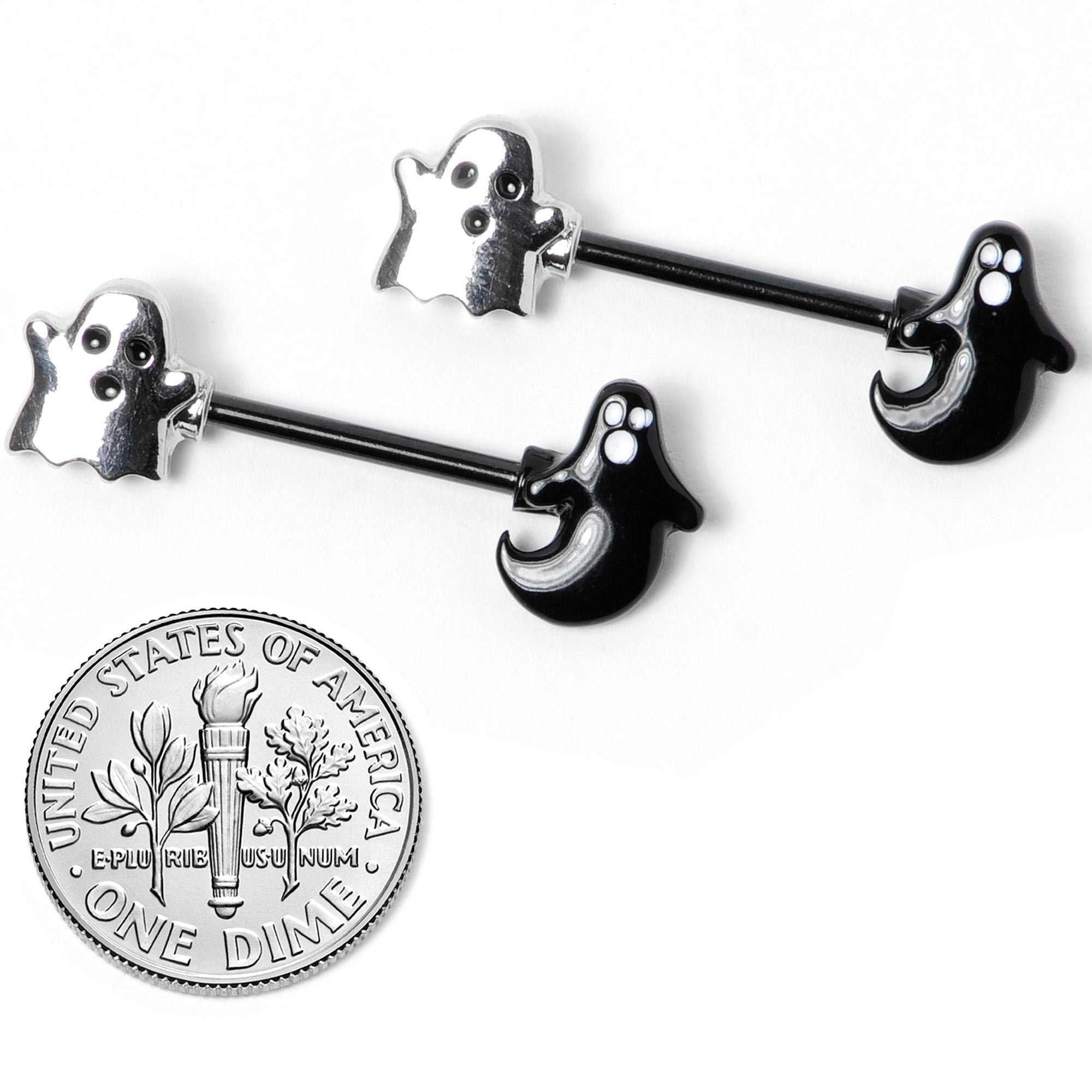 14G 9/16 Black PVD Black Ghost Halloween Nipple Ring Set