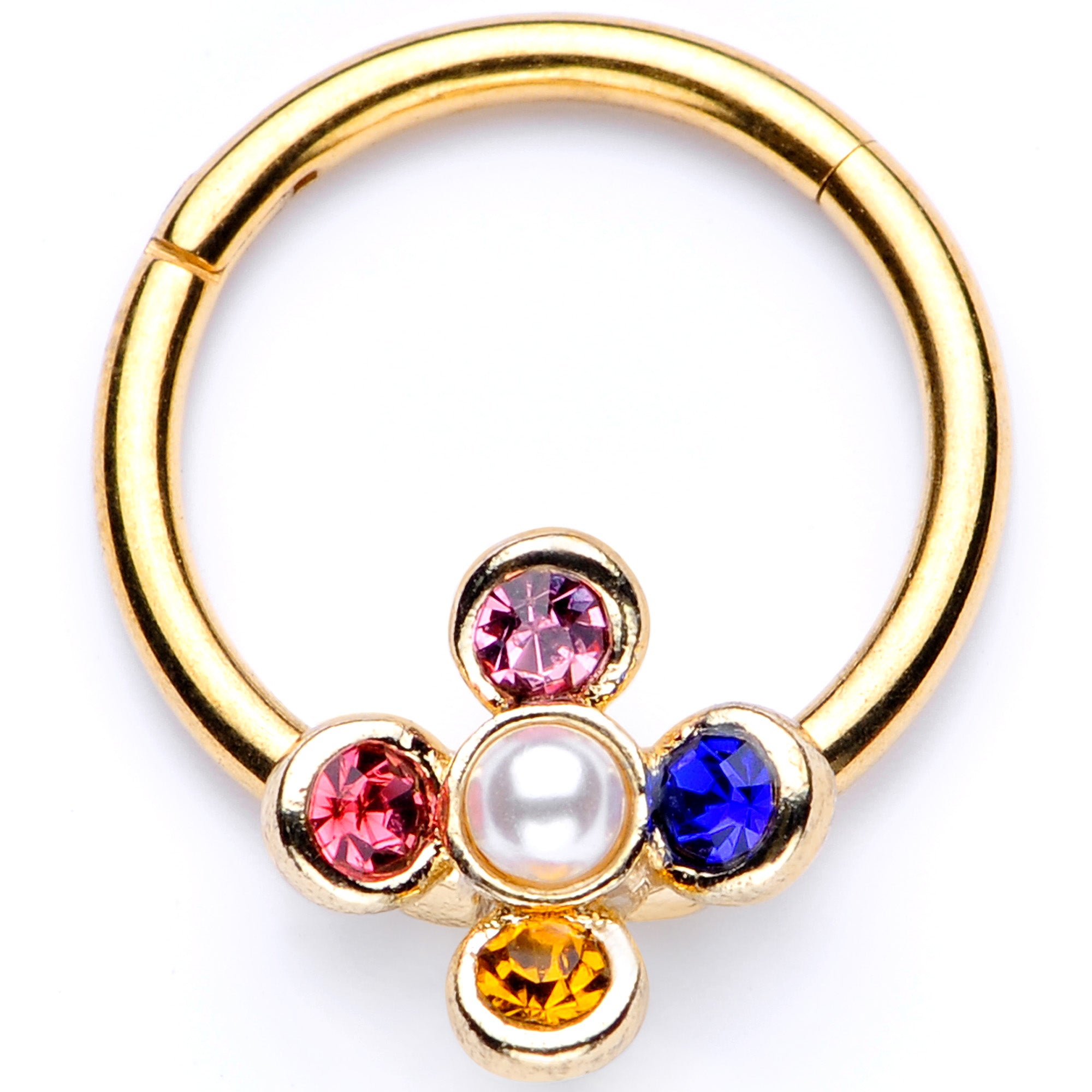 16G 3/8 Pink Blue Gem Gold Tone Hinged Segment Ring