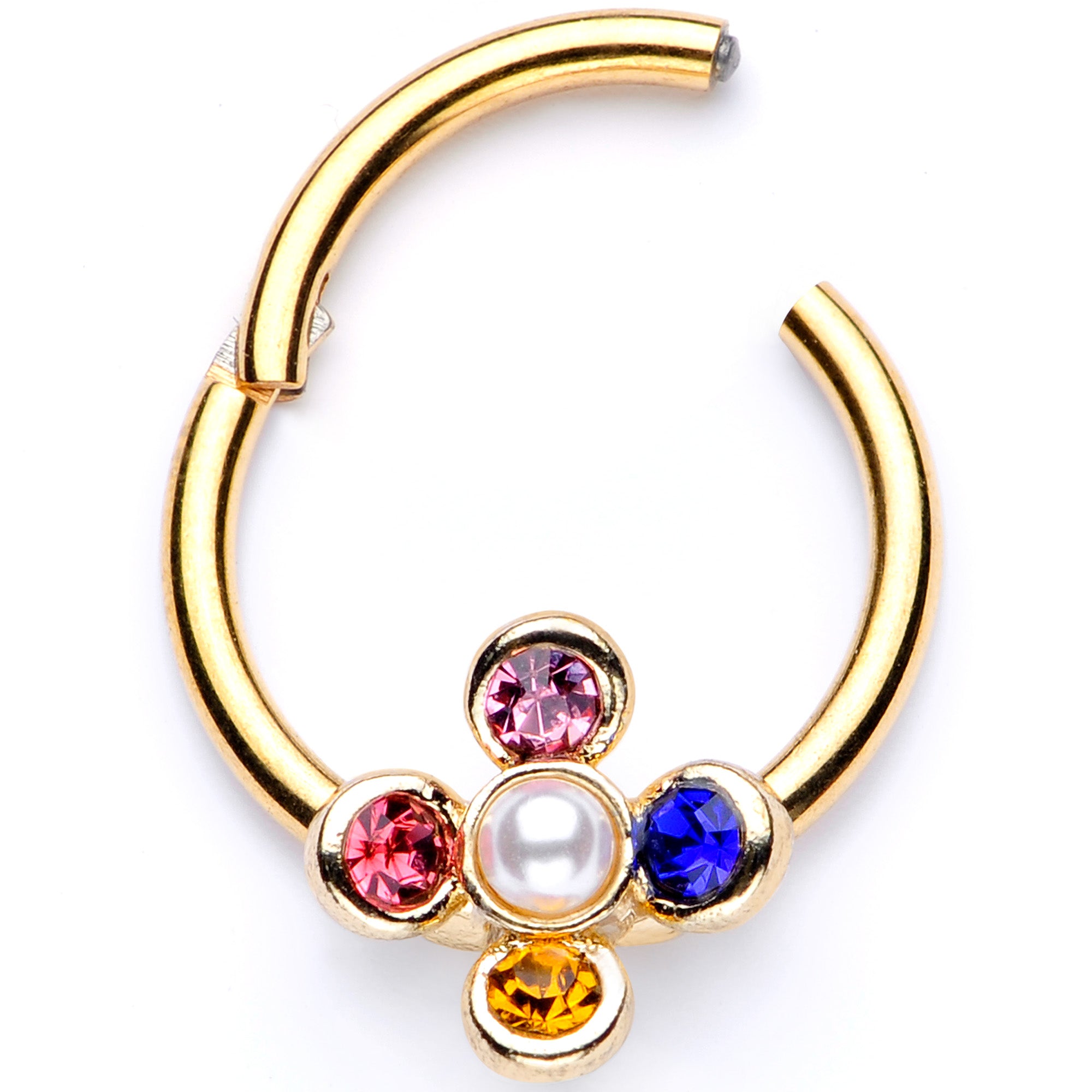 16G 3/8 Pink Blue Gem Gold Tone Hinged Segment Ring