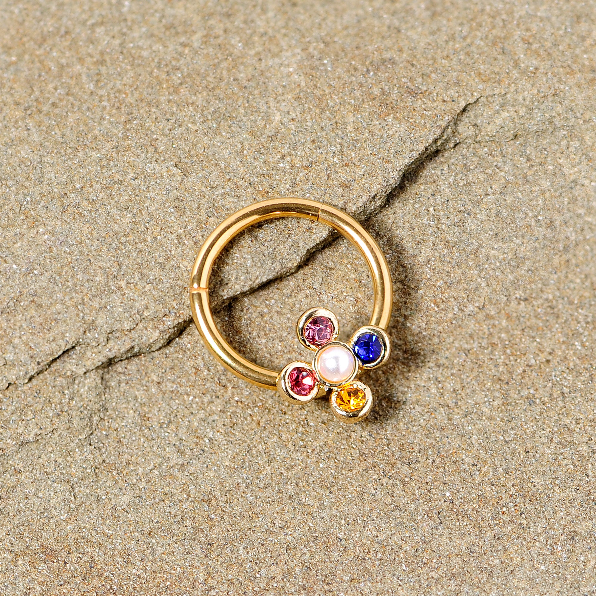 16G 3/8 Pink Blue Gem Gold Tone Hinged Segment Ring