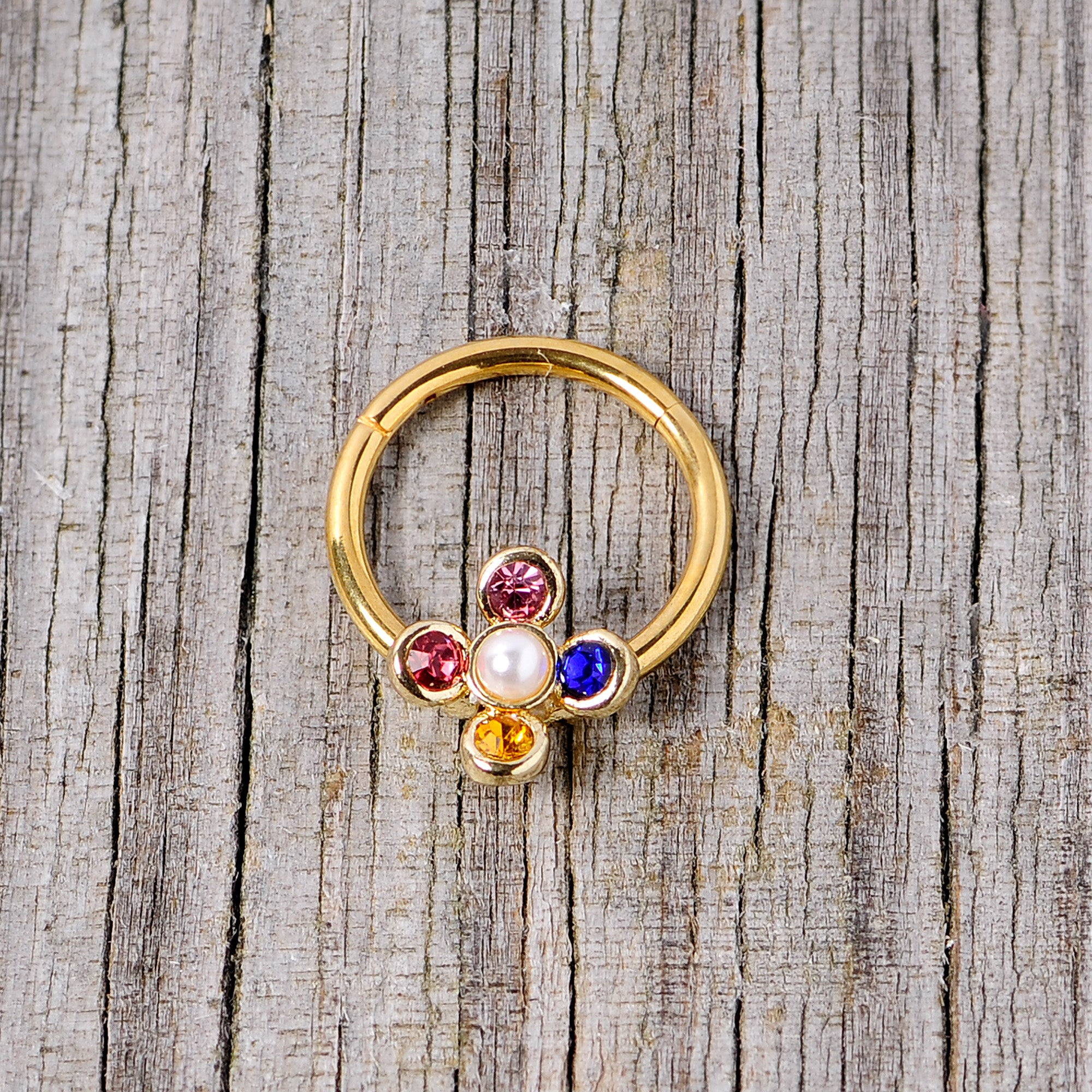 16G 3/8 Pink Blue Gem Gold Tone Hinged Segment Ring