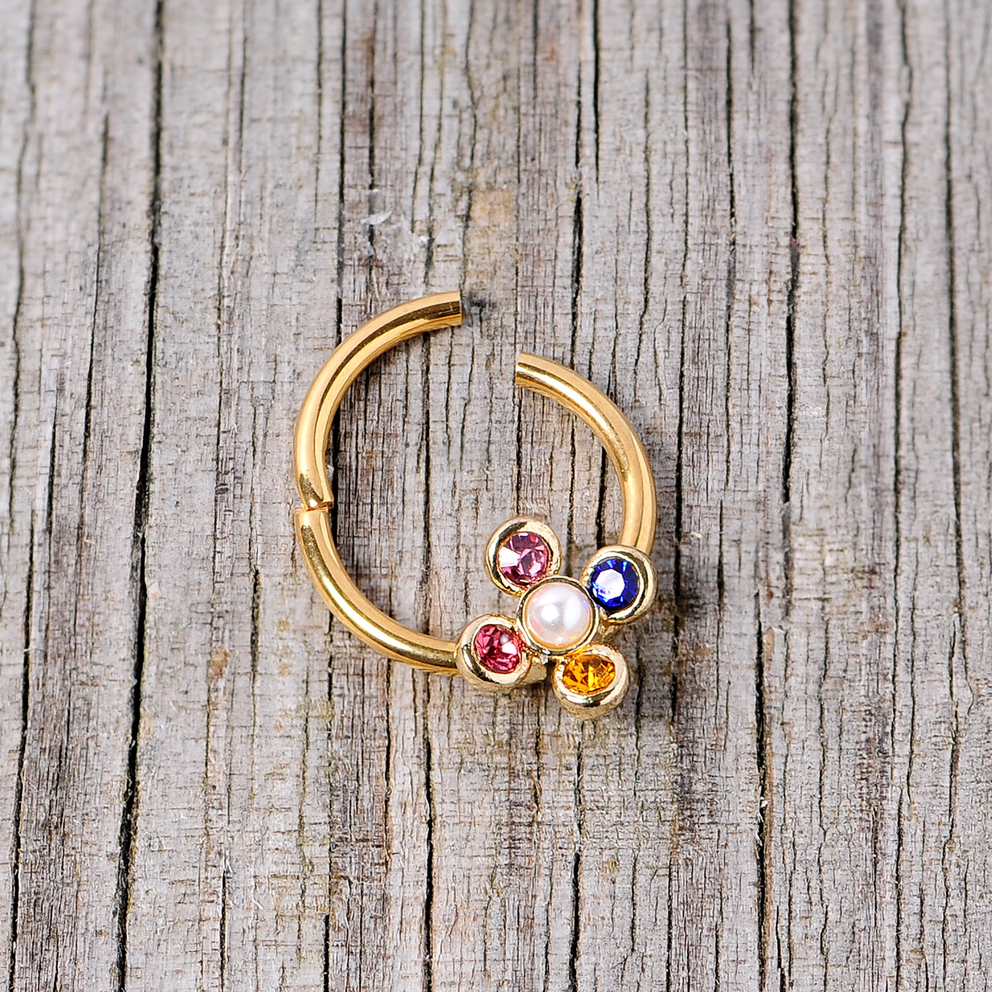 16G 3/8 Pink Blue Gem Gold Tone Hinged Segment Ring
