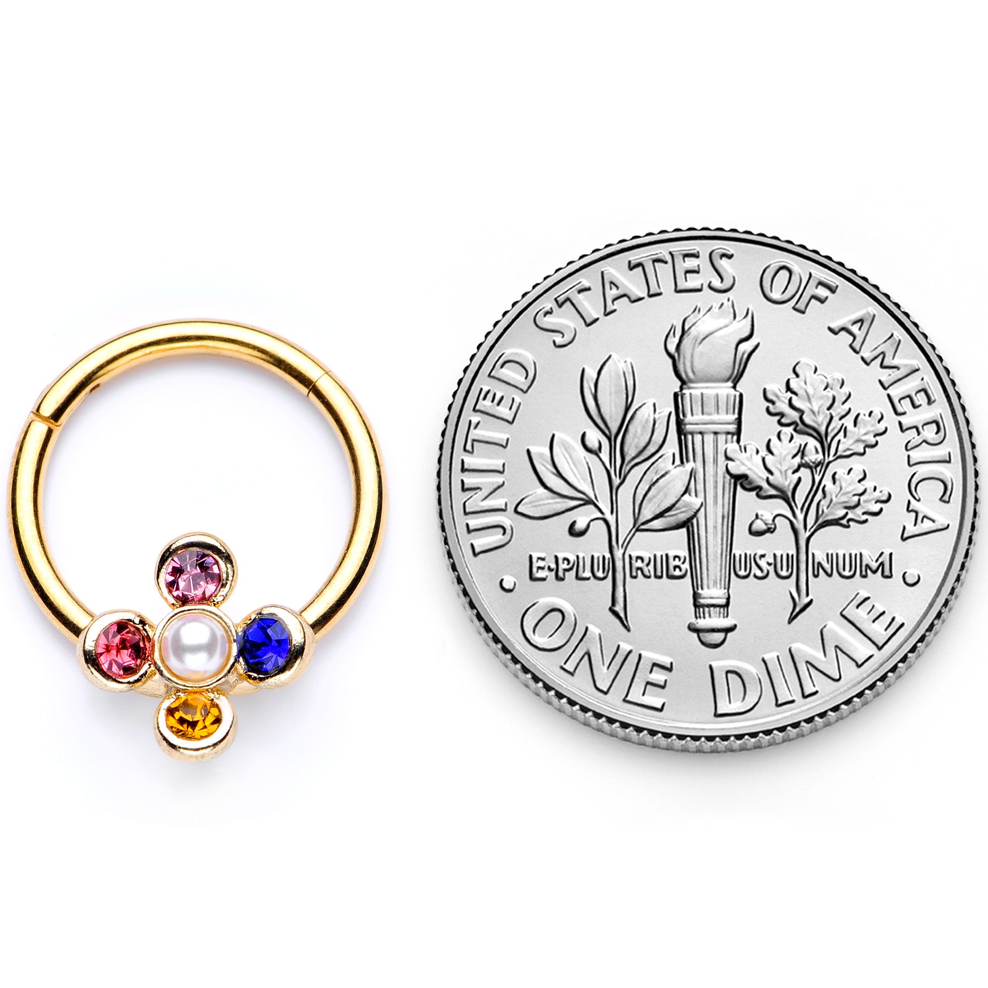 16G 3/8 Pink Blue Gem Gold Tone Hinged Segment Ring