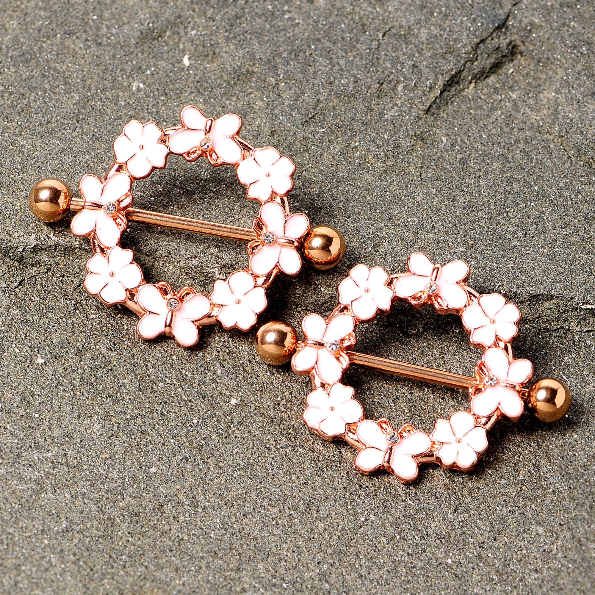 14G 9/16 Clear Gem Gold Tone Pink Butterfly Nipple Shield Set