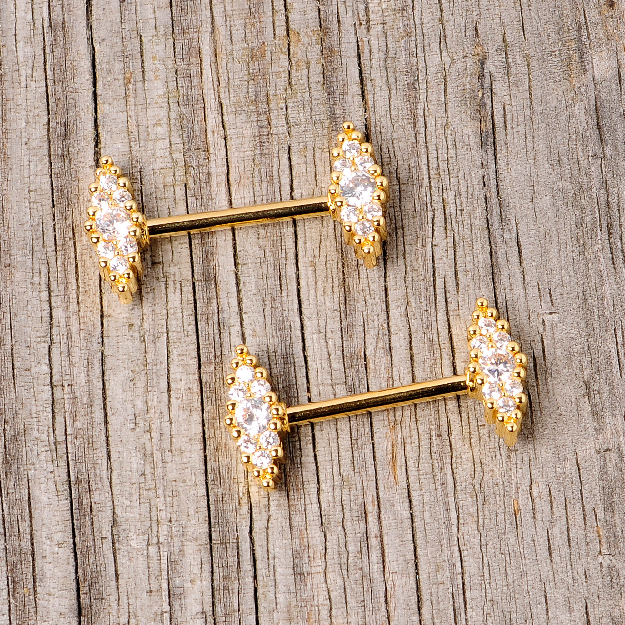 14G 9/16 Clear CZ Gem Gold Tone Texture Barbell Nipple Ring Set