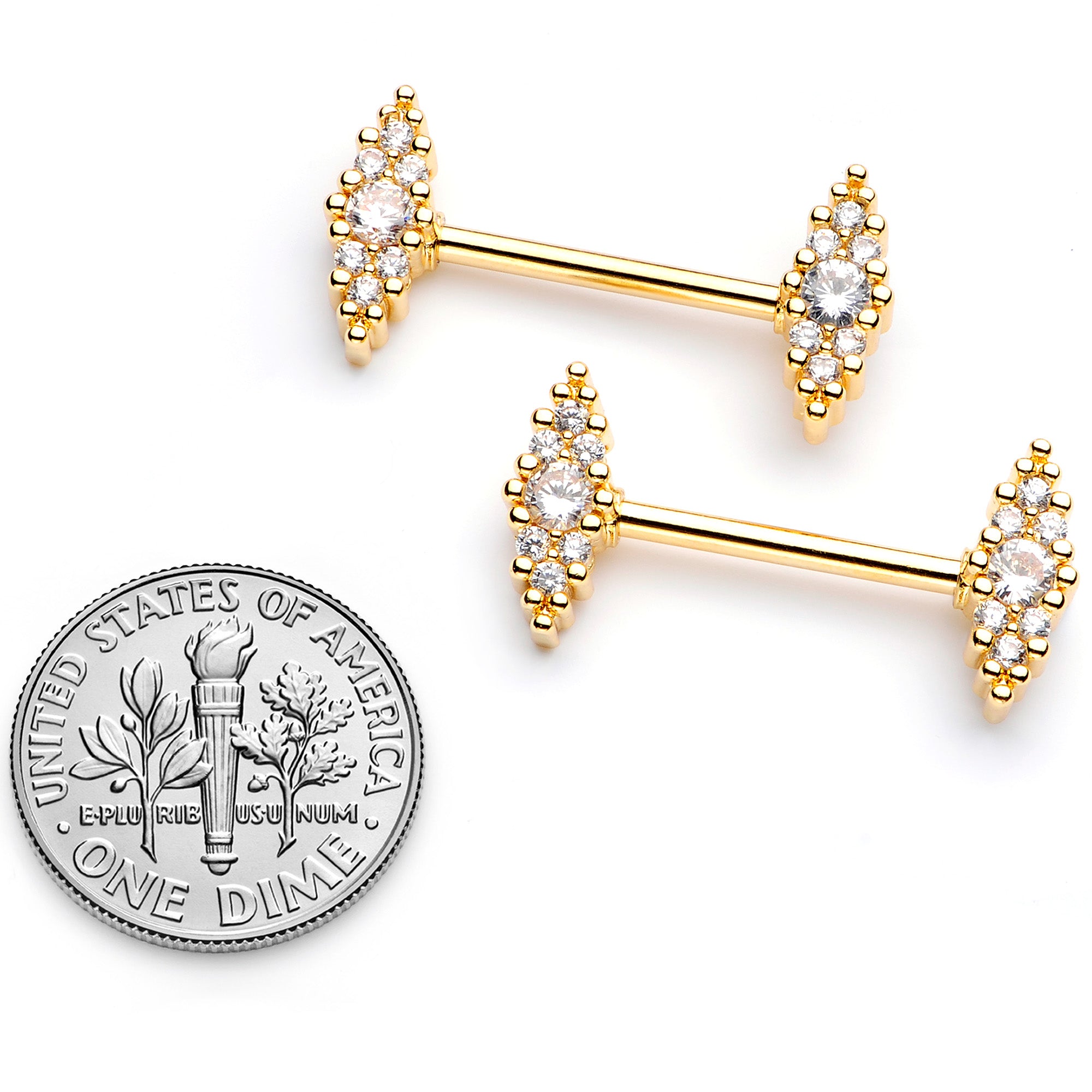 14G 9/16 Clear CZ Gem Gold Tone Texture Barbell Nipple Ring Set