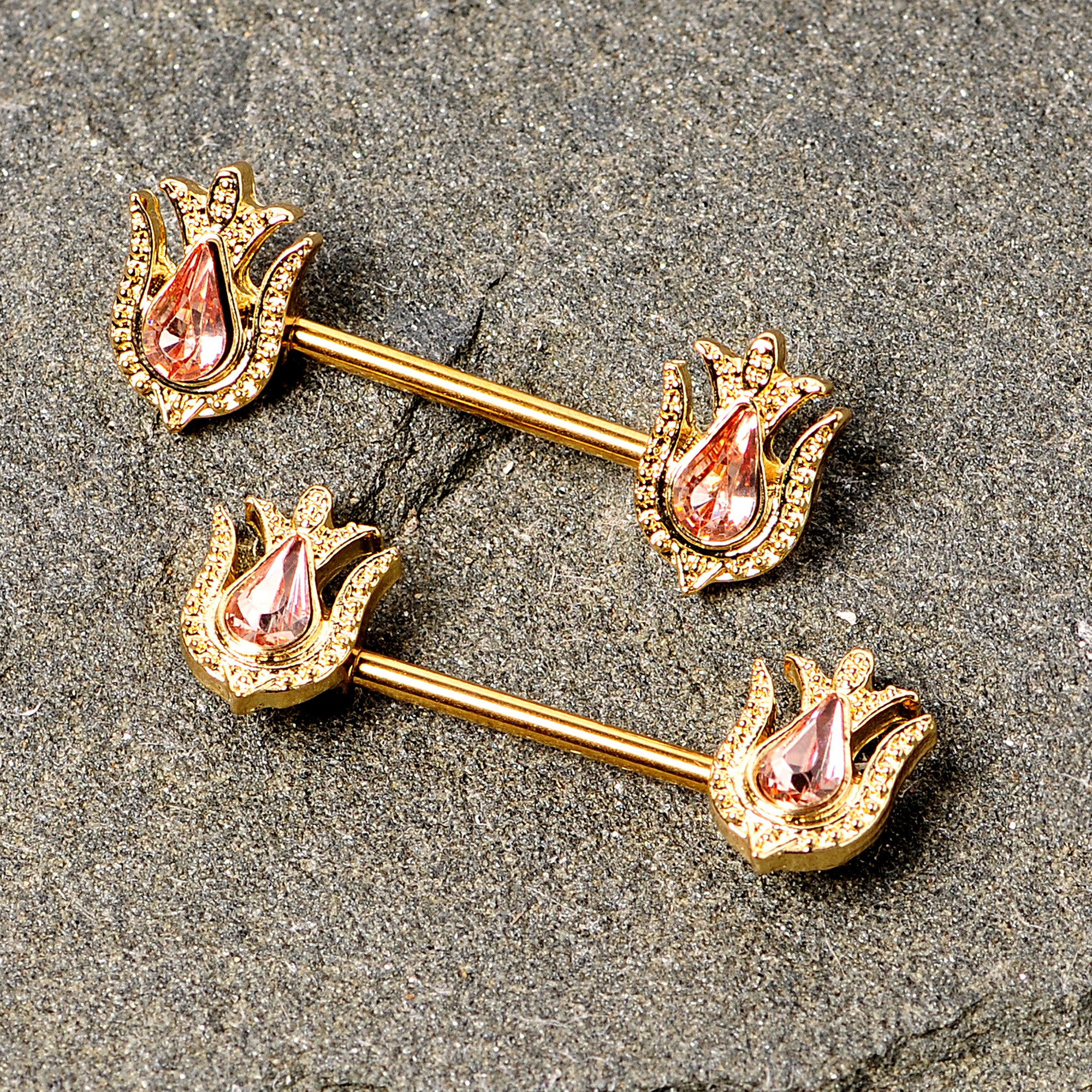 14G 9/16 Pink Gem Gold Tone Flower Barbell Nipple Ring Set