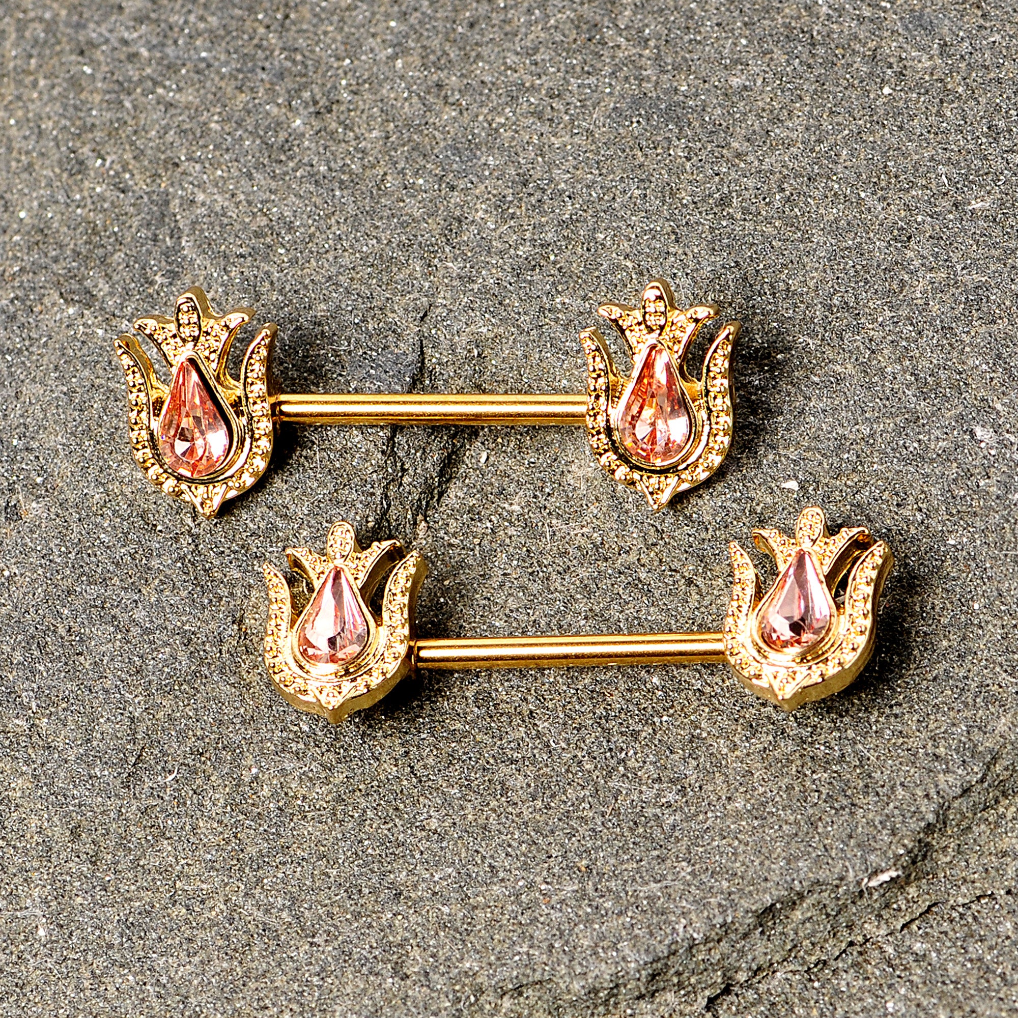 14G 9/16 Pink Gem Gold Tone Flower Barbell Nipple Ring Set