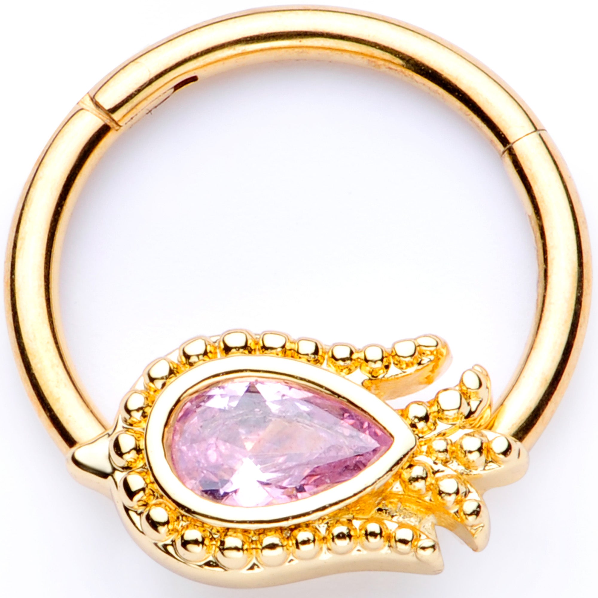 16G 3/8 Pink Gem Gold Tone Tulip Flower Hinged Segment Ring