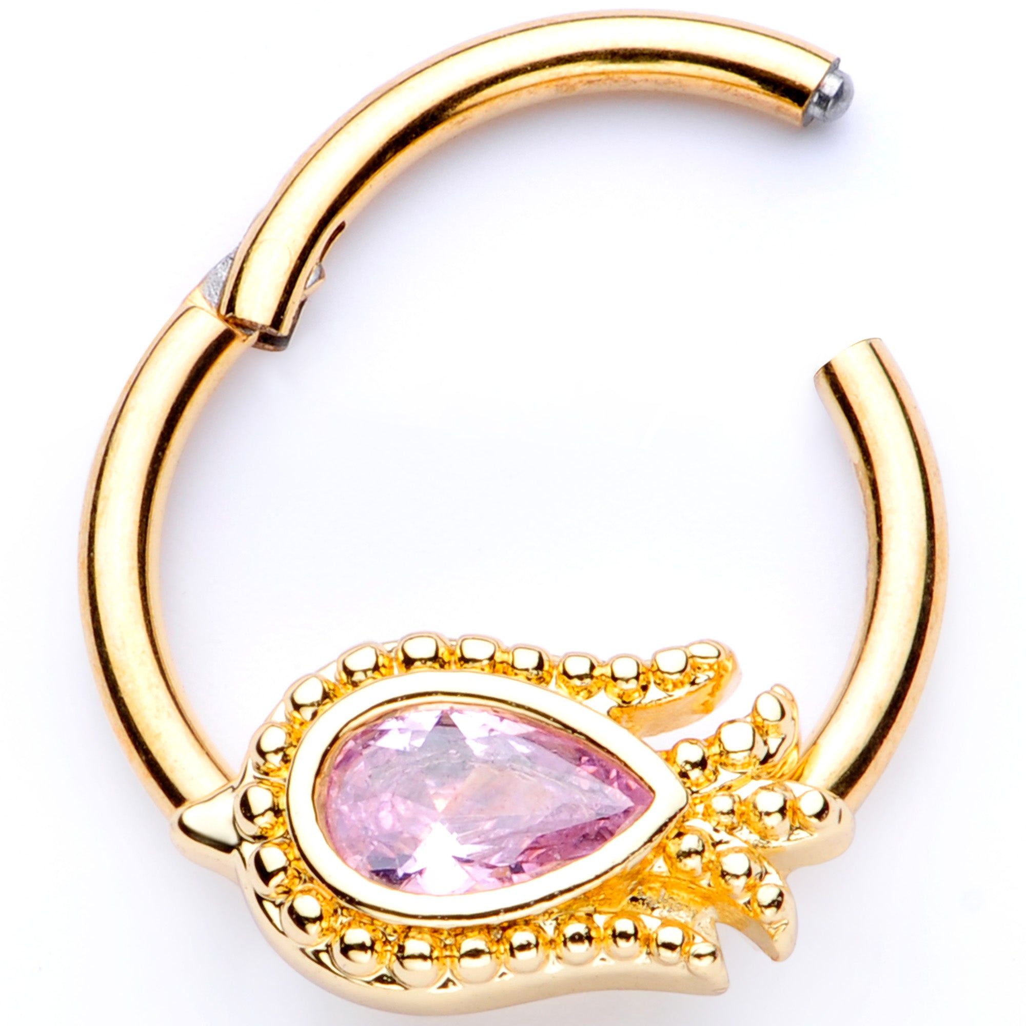 16G 3/8 Pink Gem Gold Tone Tulip Flower Hinged Segment Ring