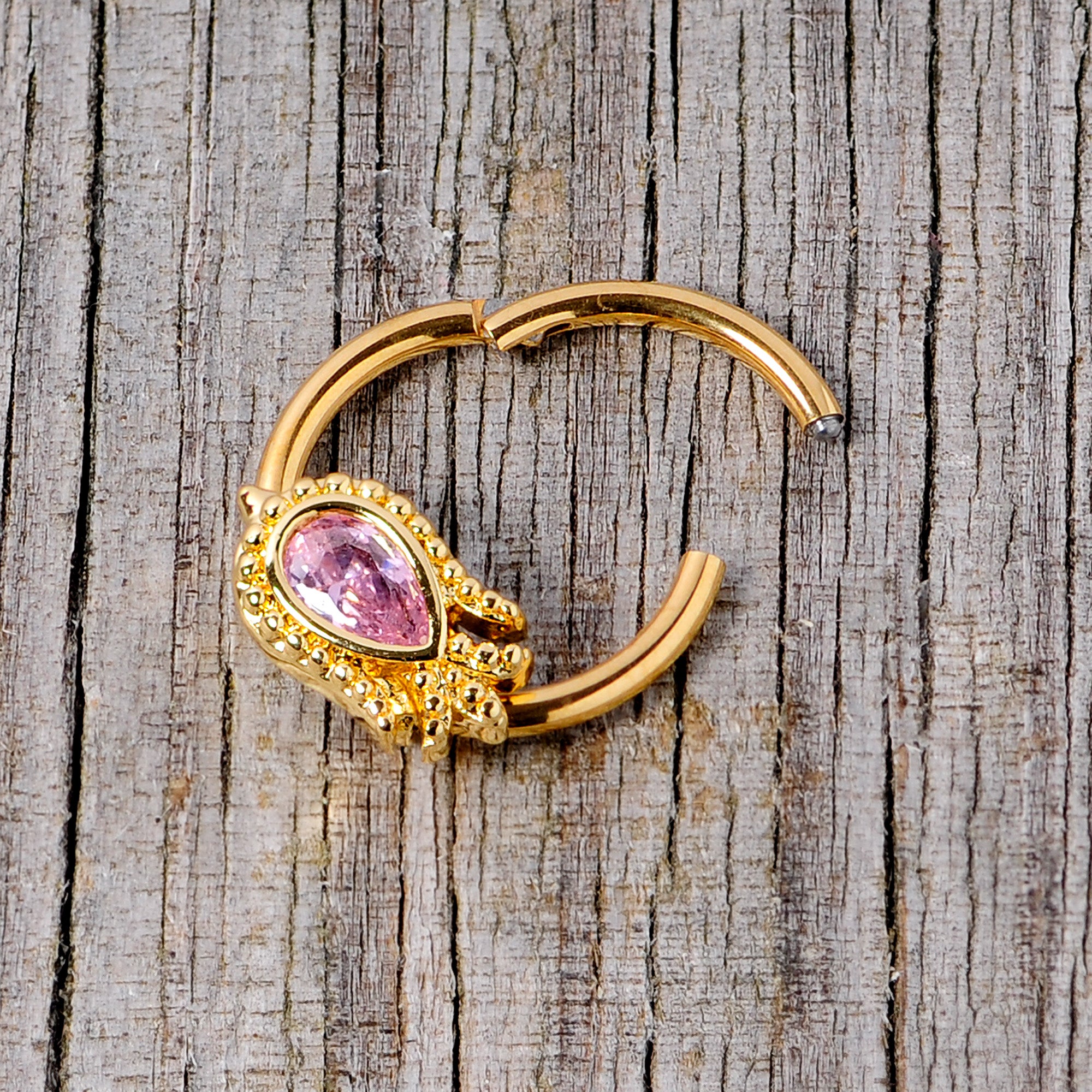 16G 3/8 Pink Gem Gold Tone Tulip Flower Hinged Segment Ring