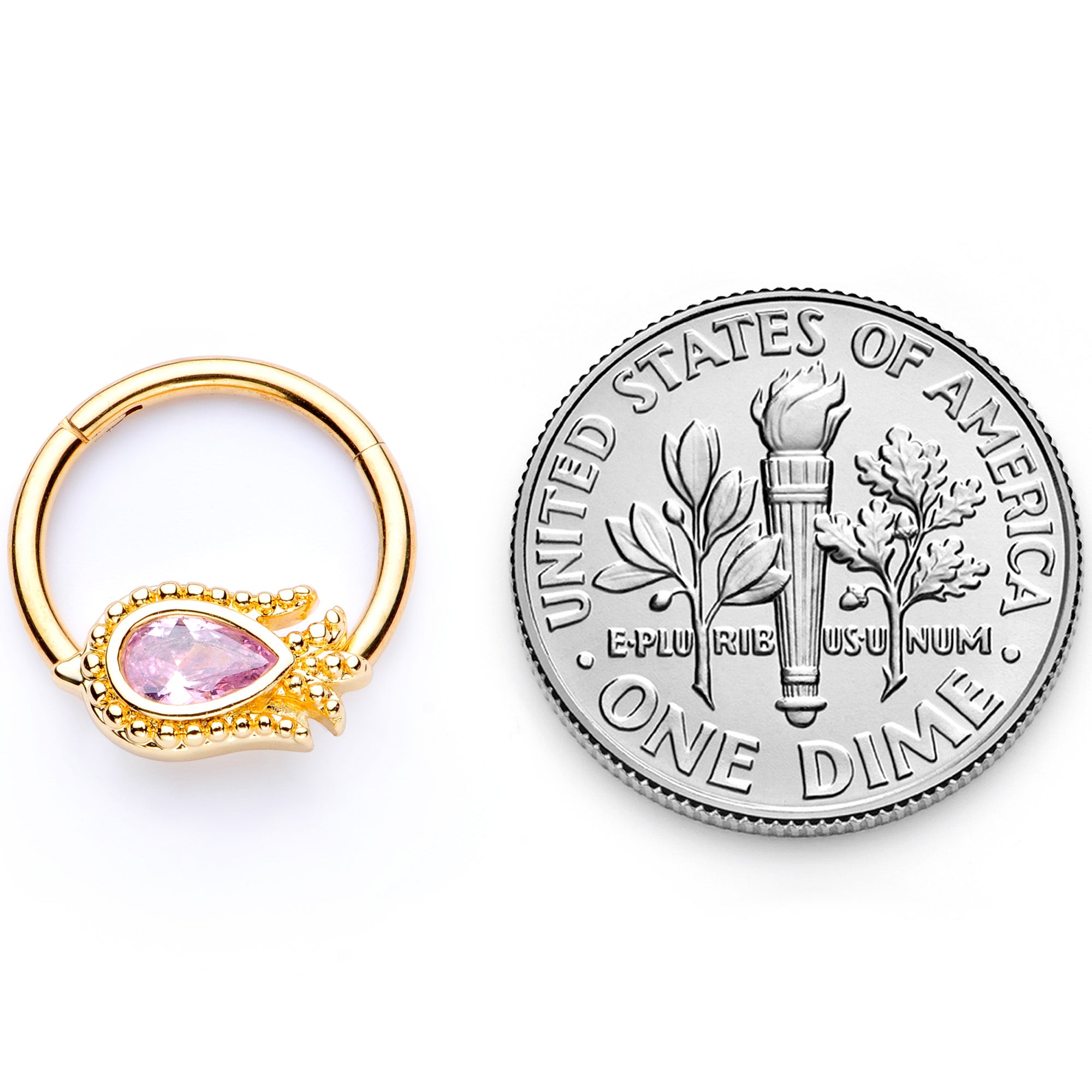 16G 3/8 Pink Gem Gold Tone Tulip Flower Hinged Segment Ring