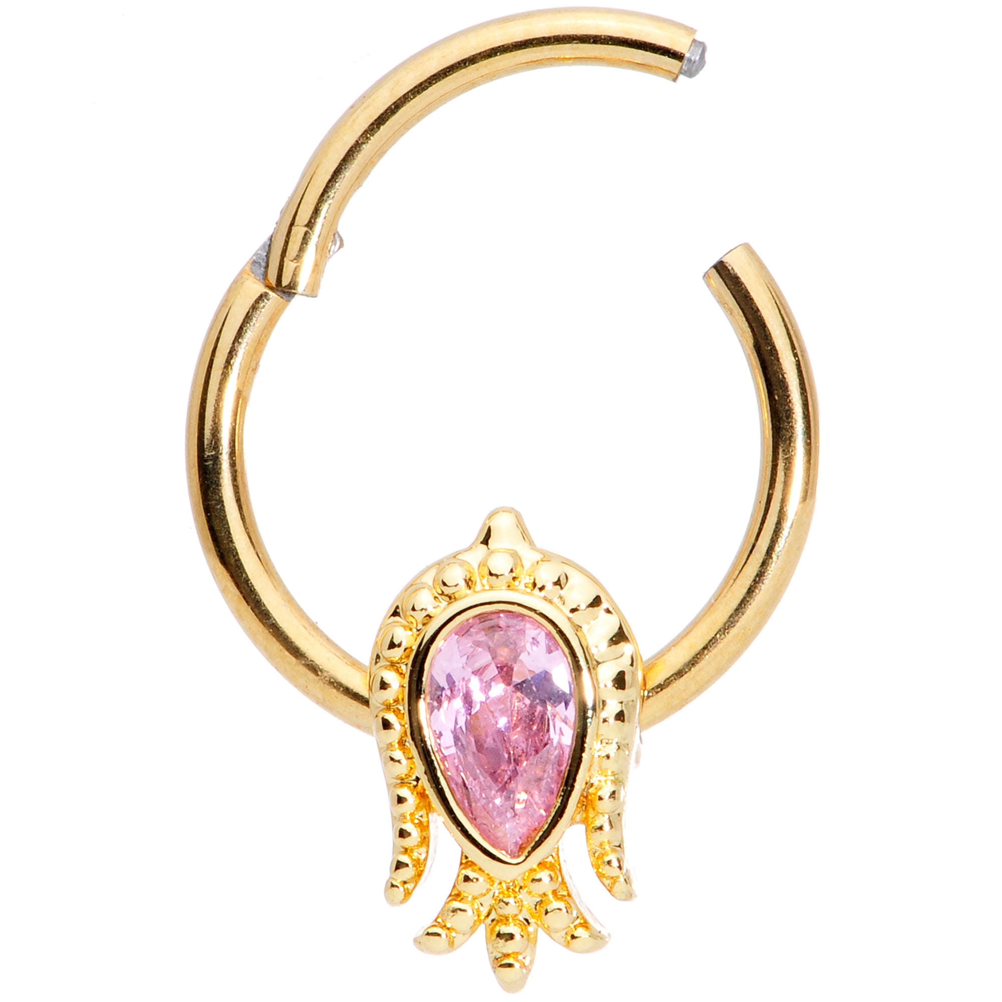 16G 3/8 Pink Gem Gold Tone Sideways Tulip Flower Hinged Segment Ring