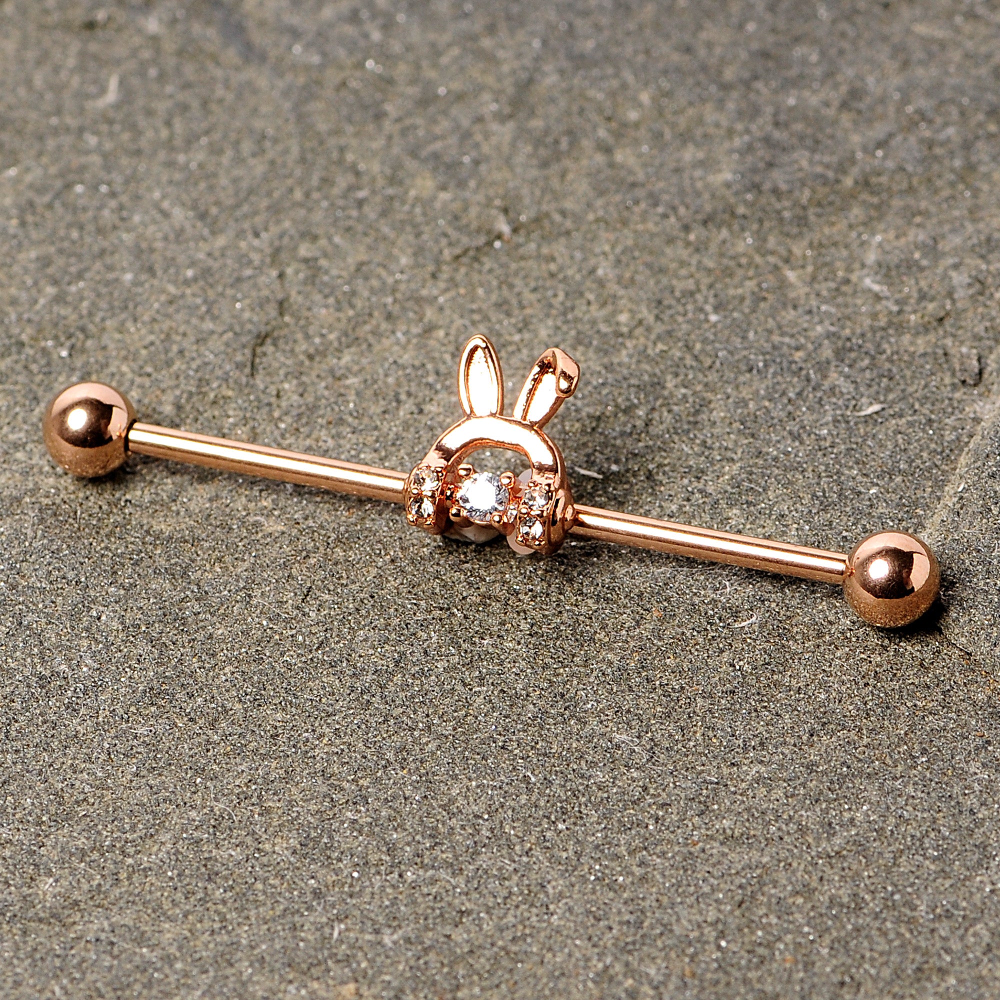14G Rose Gold Tone Bunny Ear Headphone Industrial Barbell