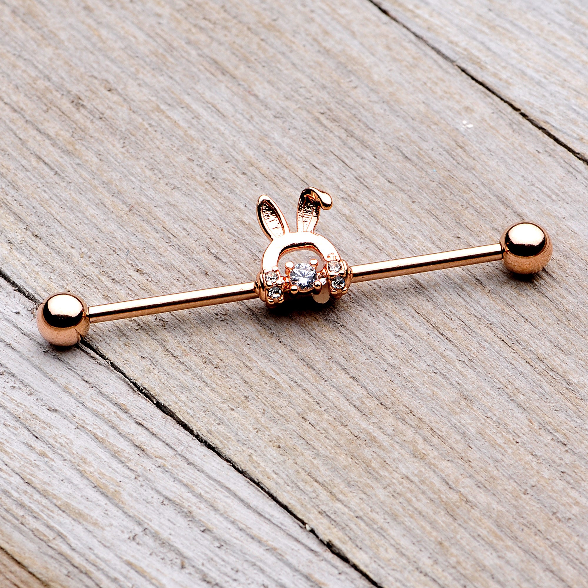 14G Rose Gold Tone Bunny Ear Headphone Industrial Barbell