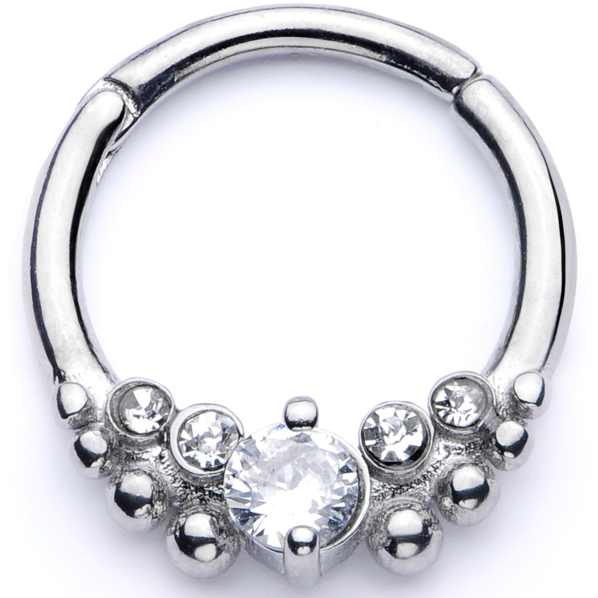 16G 3/8 Clear CZ Gem Classy Circles Hinged Segment Ring