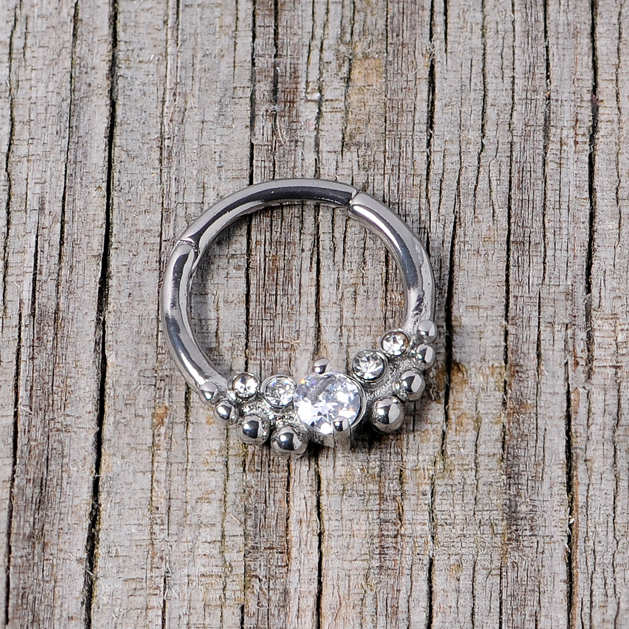 16G 3/8 Clear CZ Gem Classy Circles Hinged Segment Ring