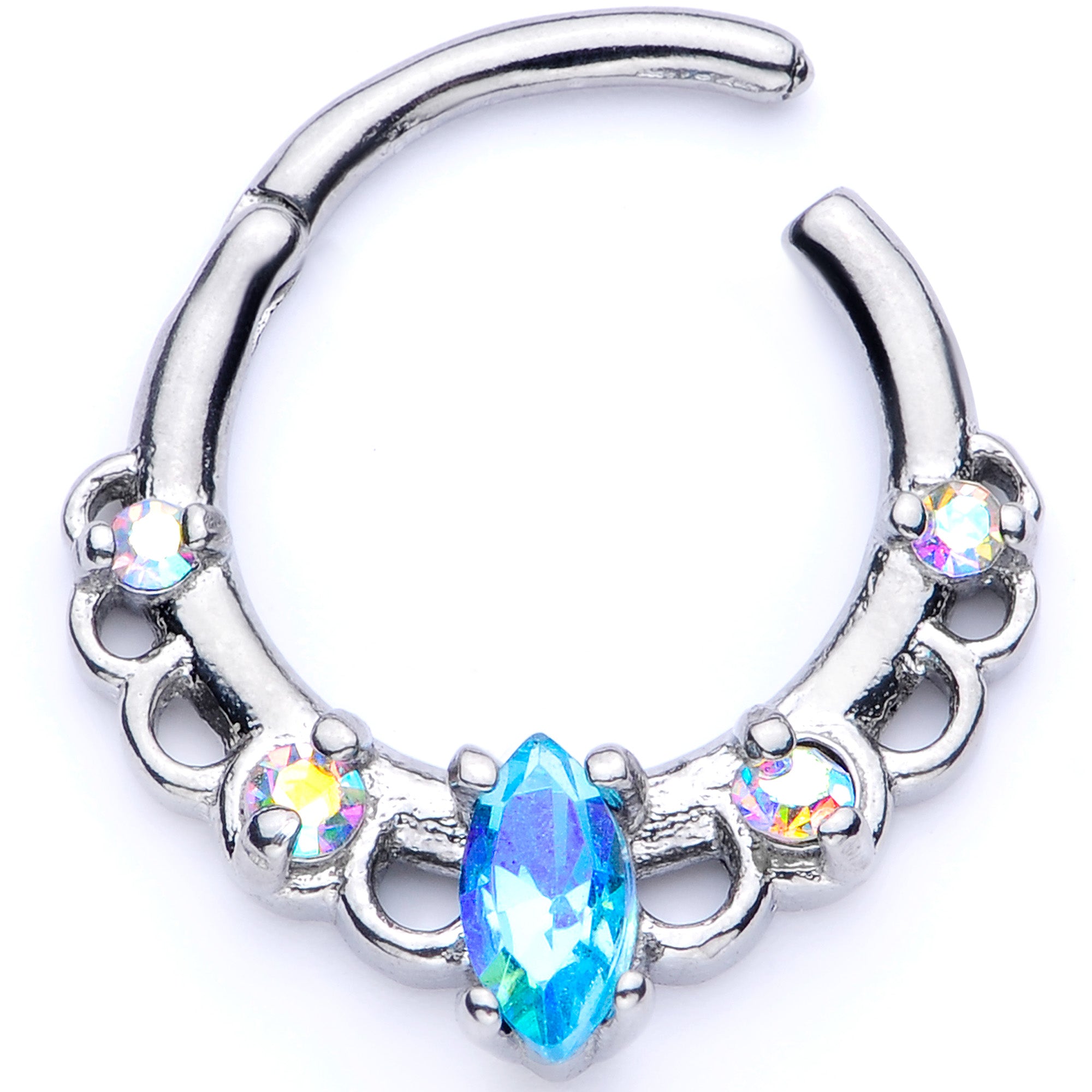 16G 3/8 Aurora Aqua CZ Gem Lacy Septum Clicker