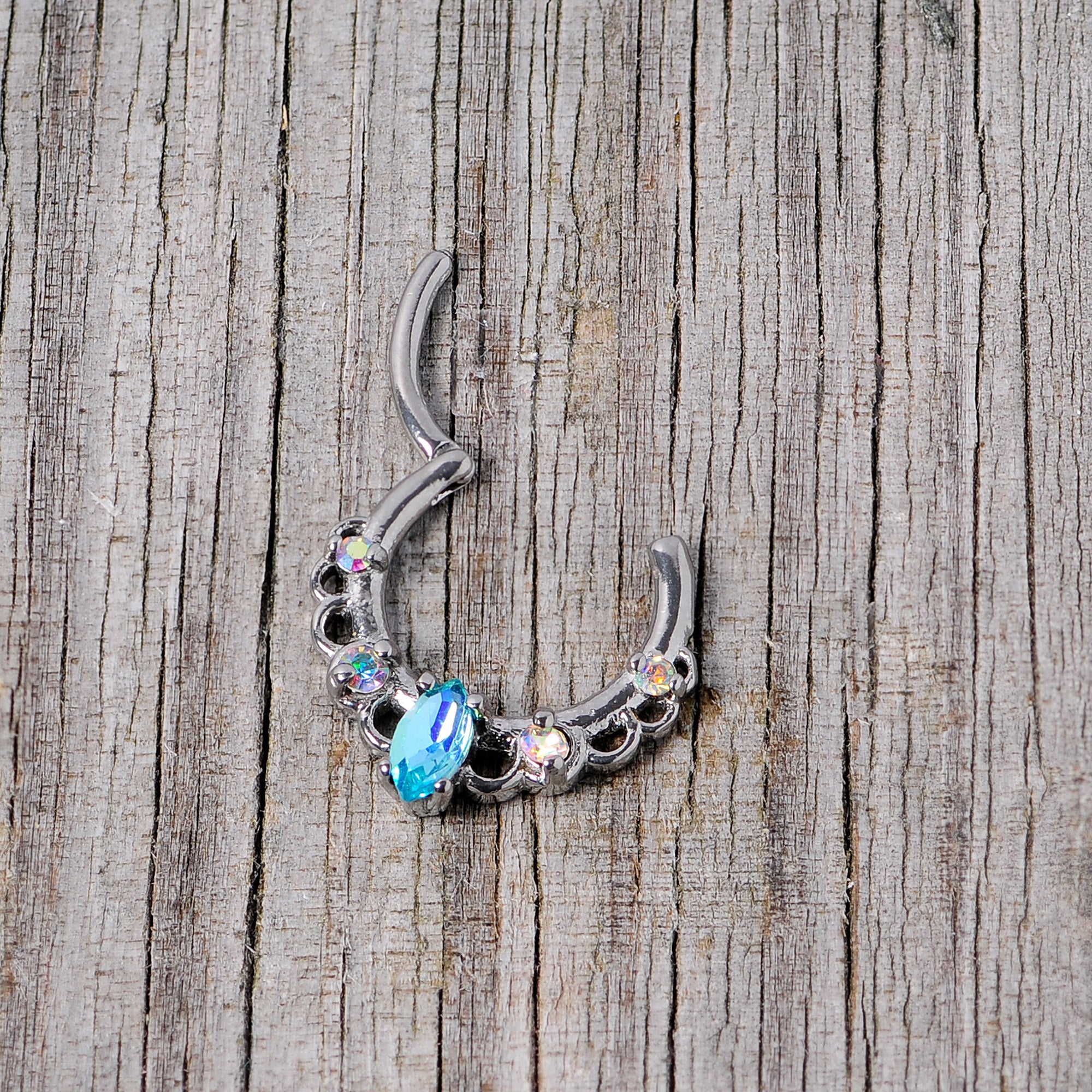 16G 3/8 Aurora Aqua CZ Gem Lacy Septum Clicker