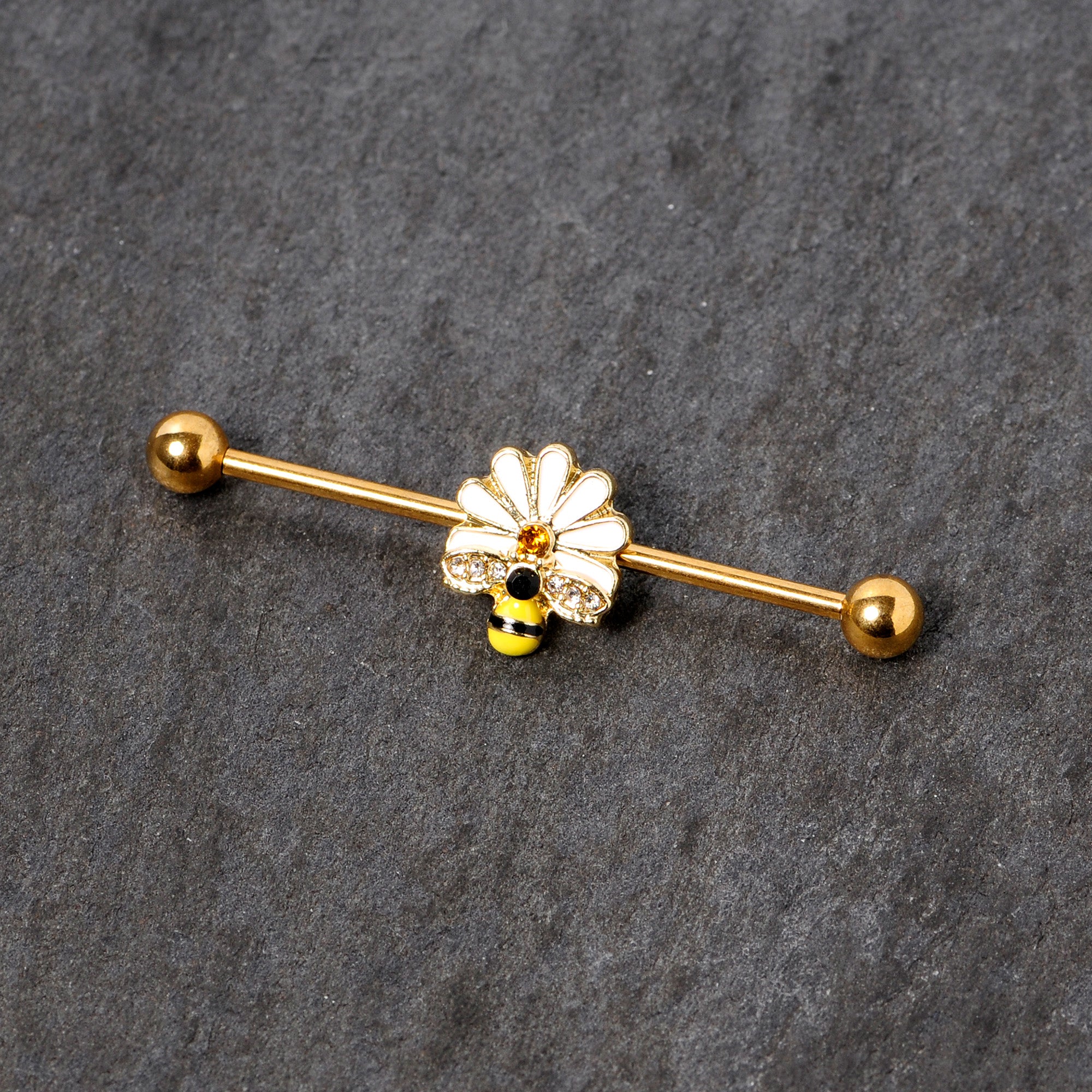 14G Gold Tone Flower Daisy Bee Industrial Barbell 38mm