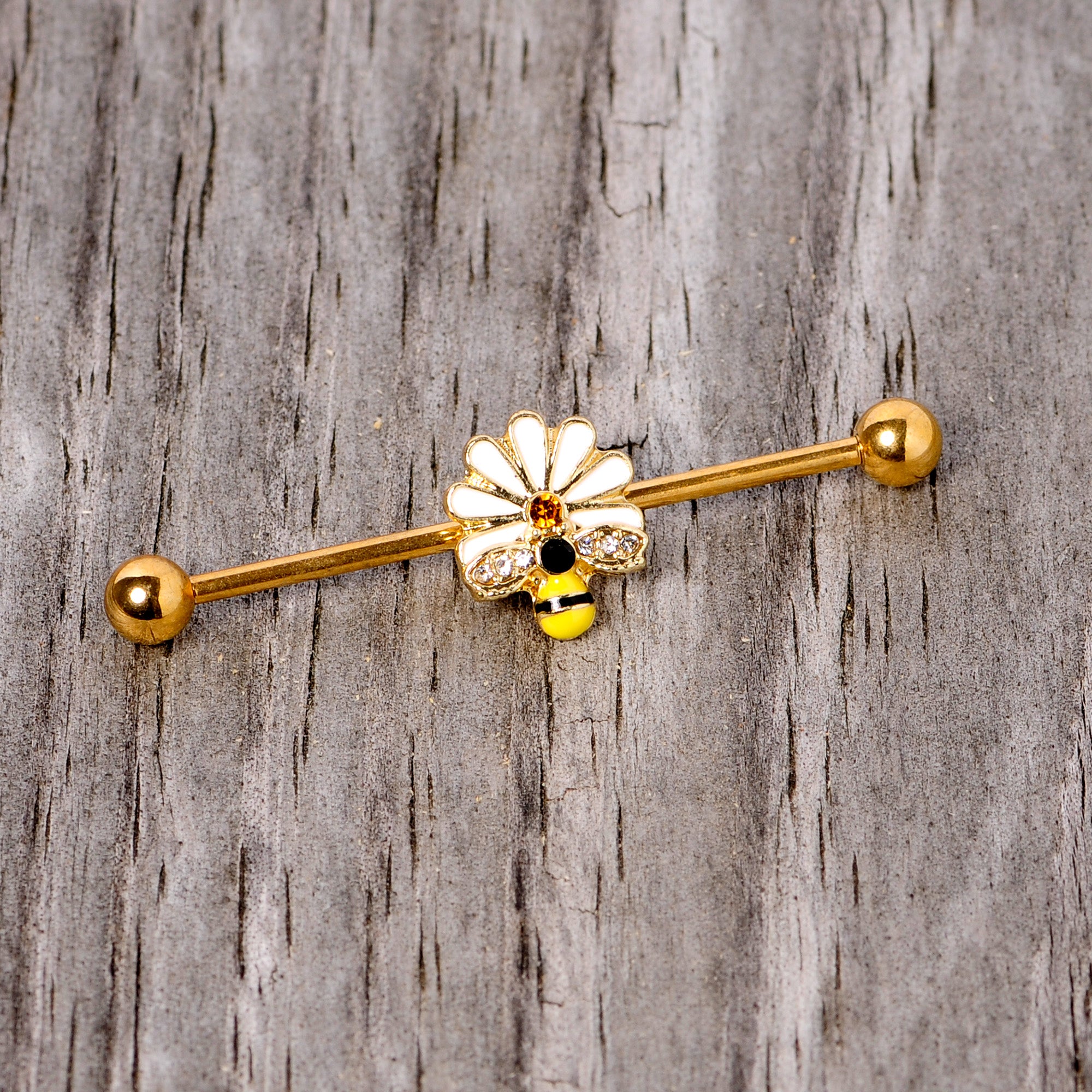 14G Gold Tone Flower Daisy Bee Industrial Barbell 38mm