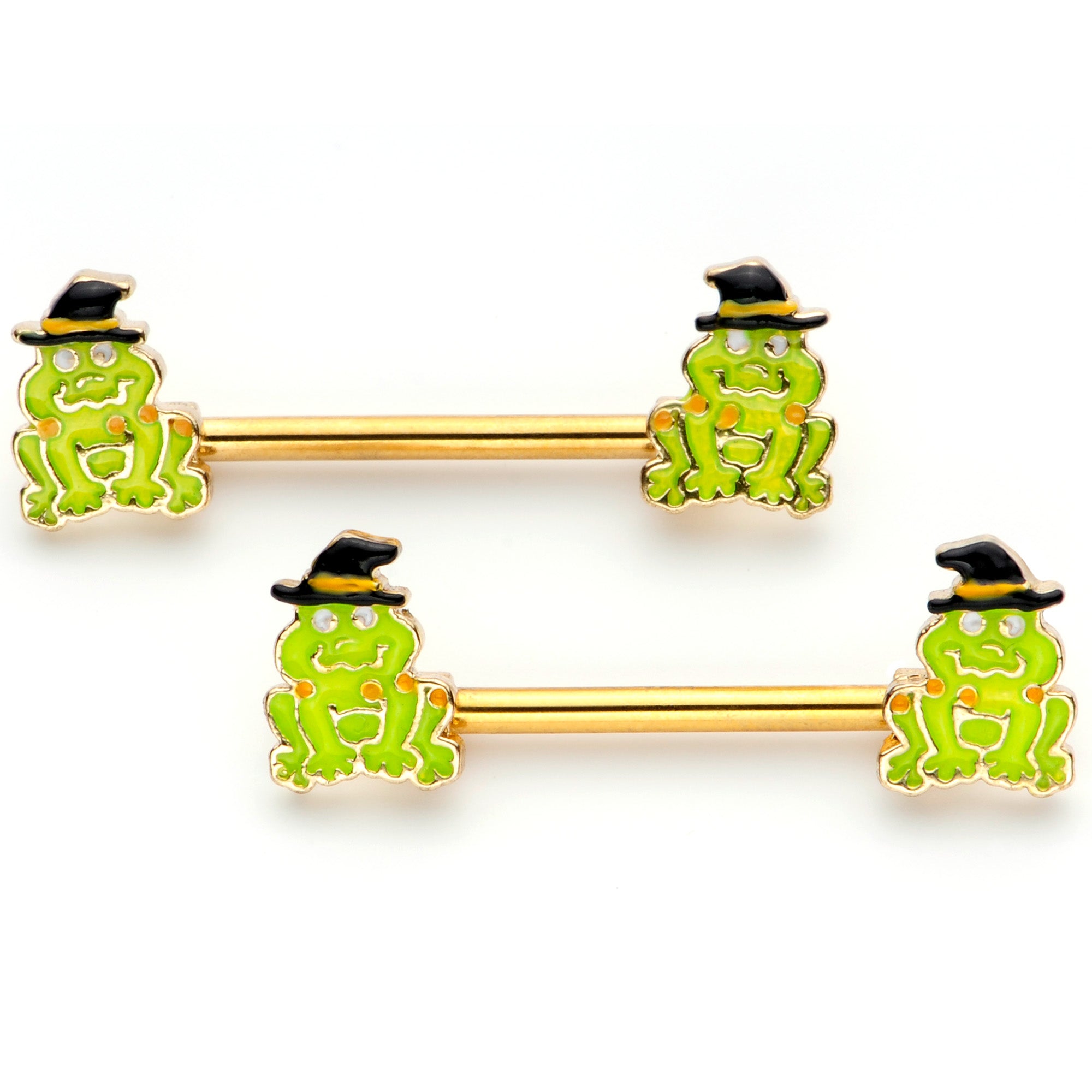 14G 9/16 Gold Tone Frog Witch Halloween Barbell Nipple Ring Set