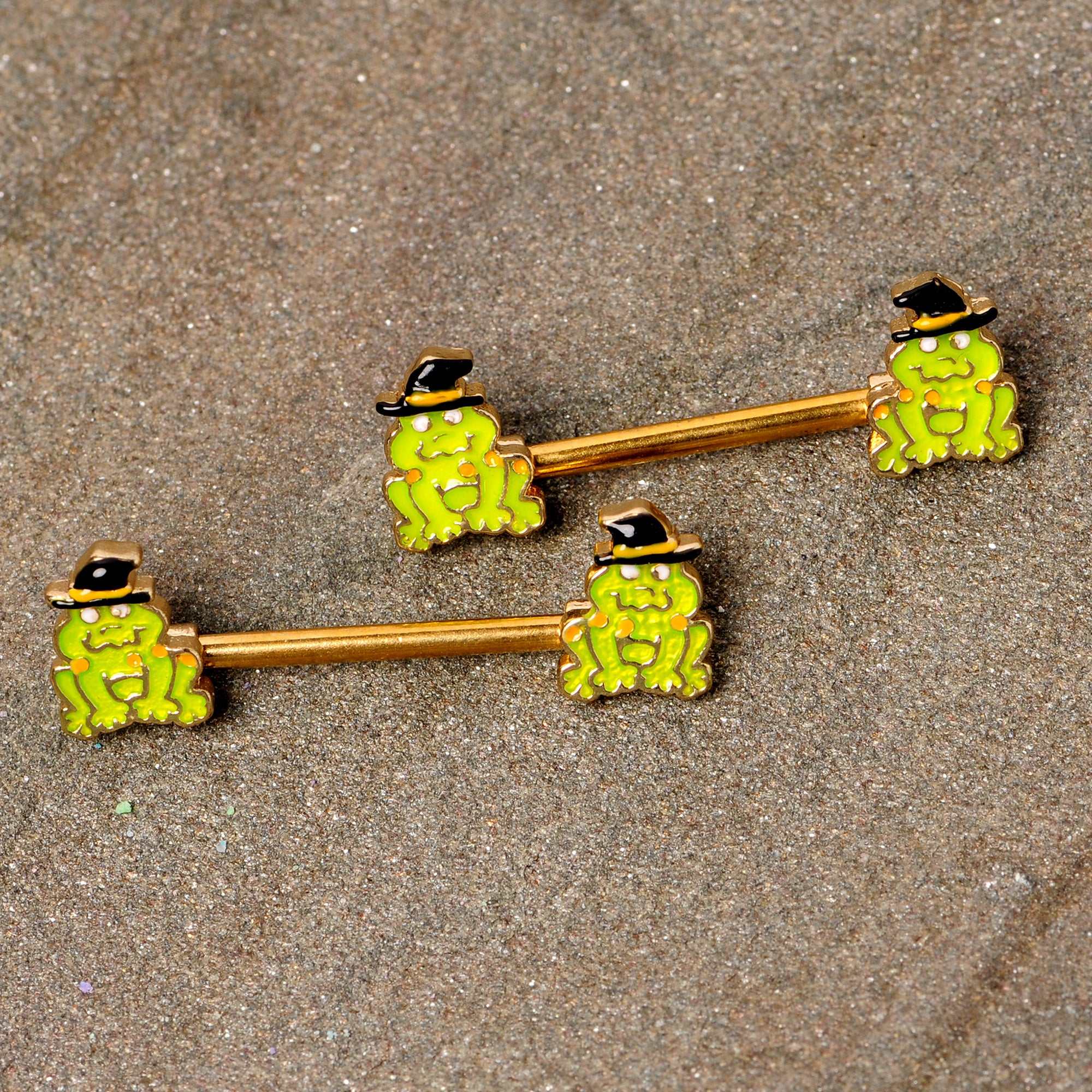 14G 9/16 Gold Tone Frog Witch Halloween Barbell Nipple Ring Set