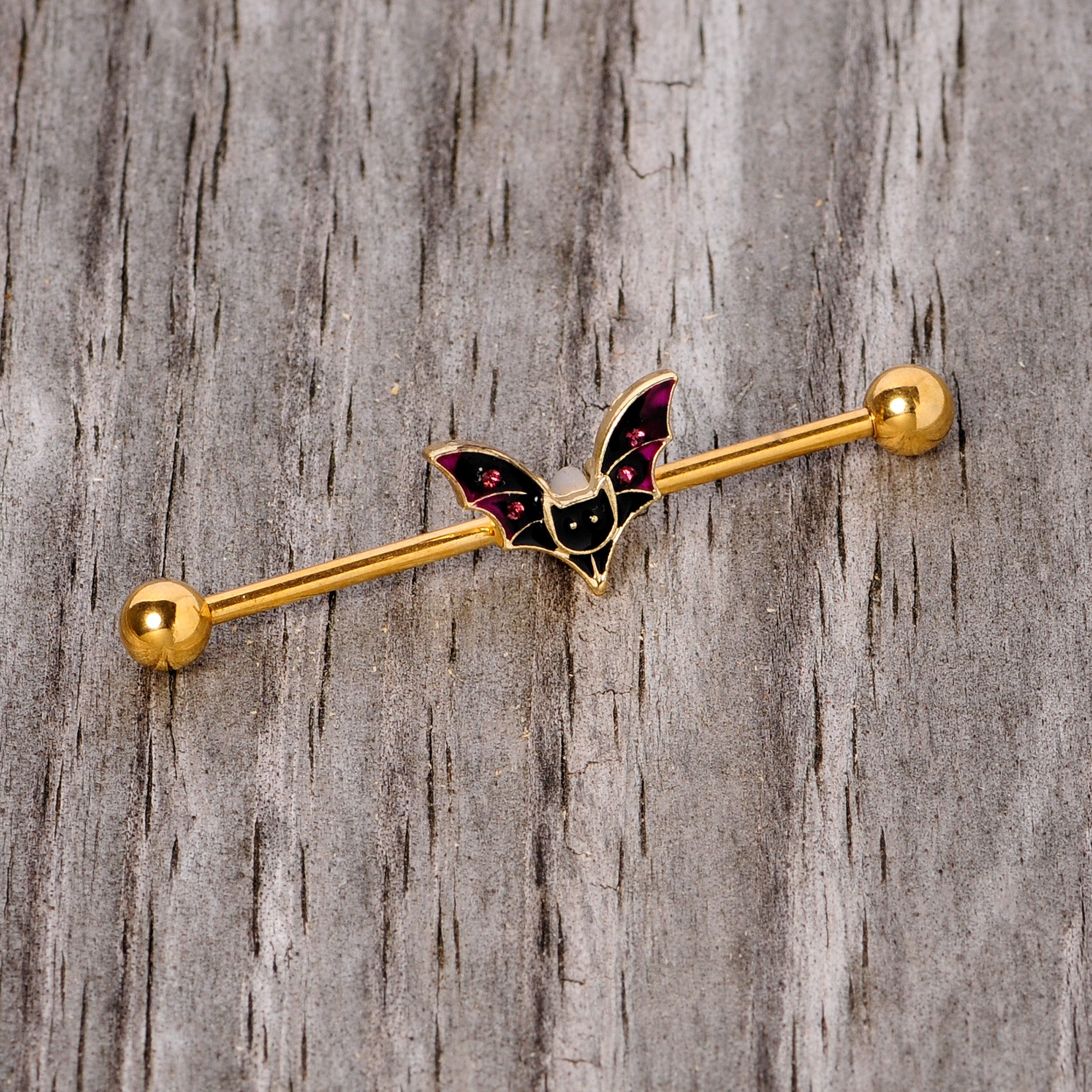 14G Pink Gem Gold Tone Vamp Bat Halloween Industrial Barbell 38mm