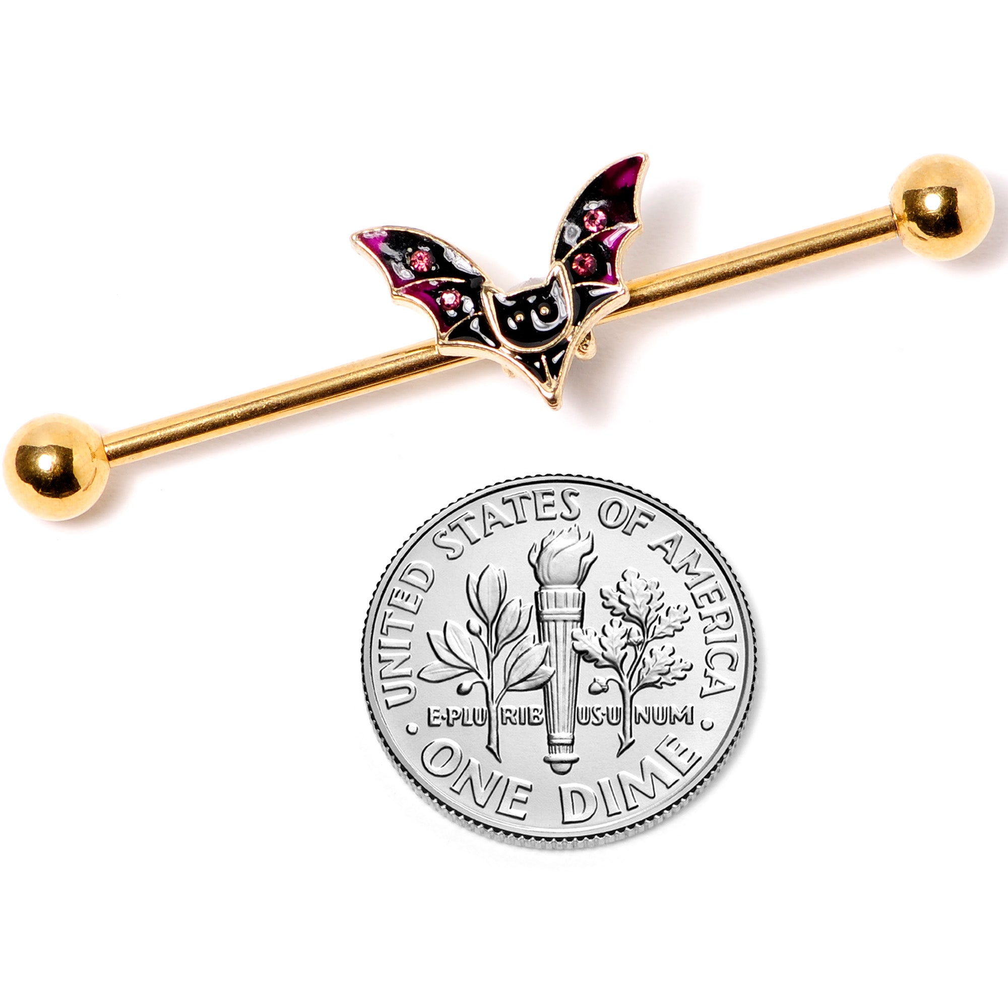 14G Pink Gem Gold Tone Vamp Bat Halloween Industrial Barbell 38mm