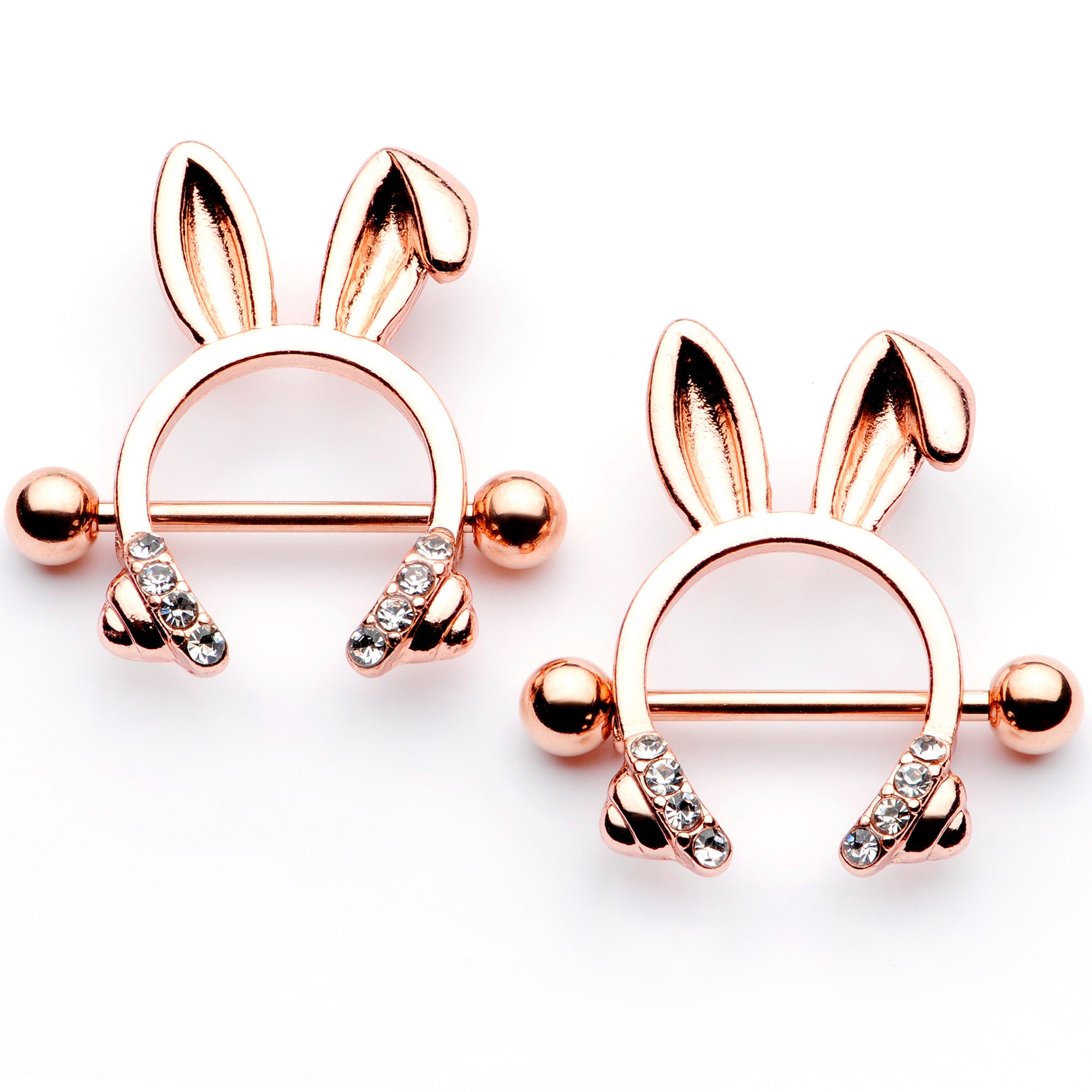14G 9/16 Clear Gem Rose Gold Tone Bunny Ear Headphones Nipple Shield Set
