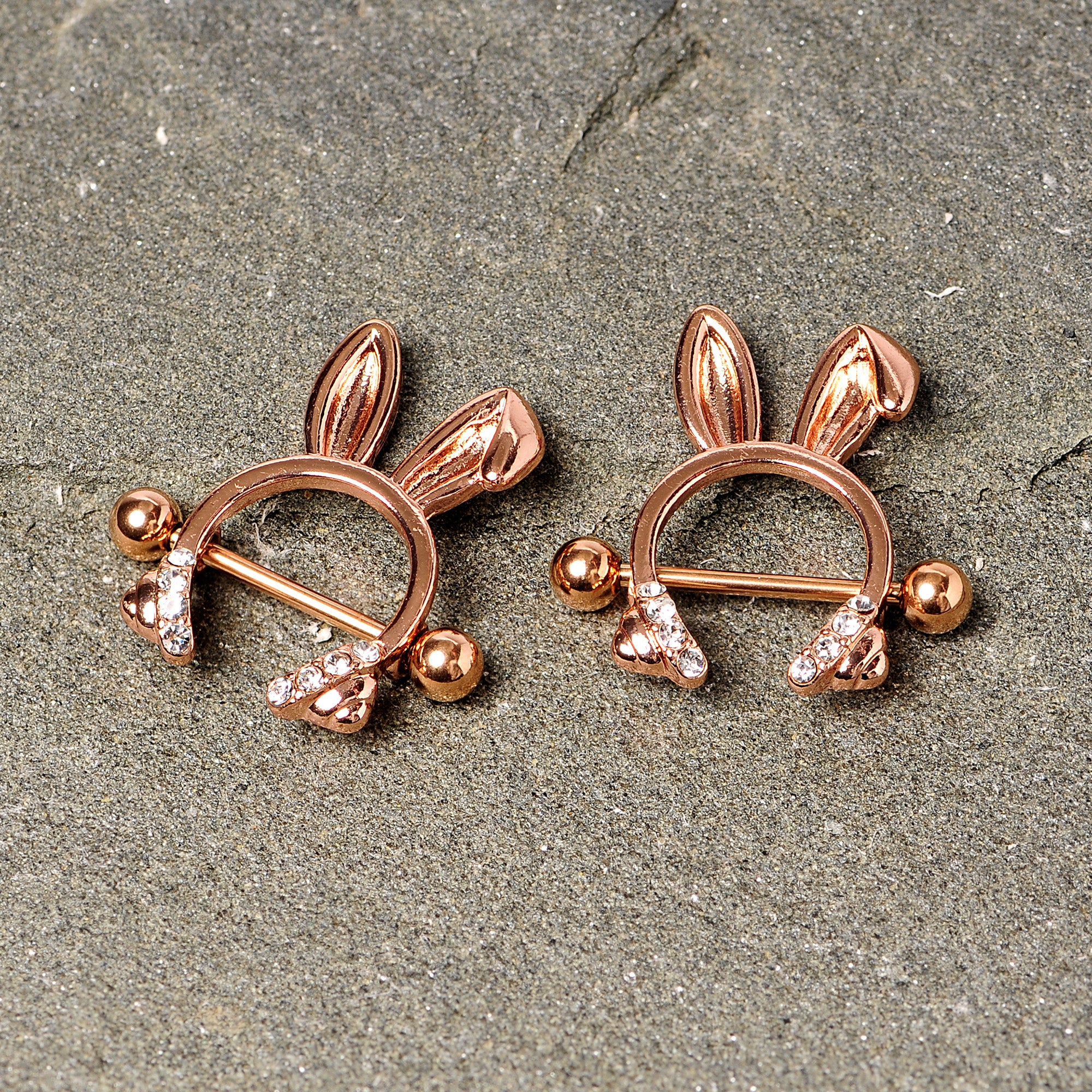 14G 9/16 Clear Gem Rose Gold Tone Bunny Ear Headphones Nipple Shield Set