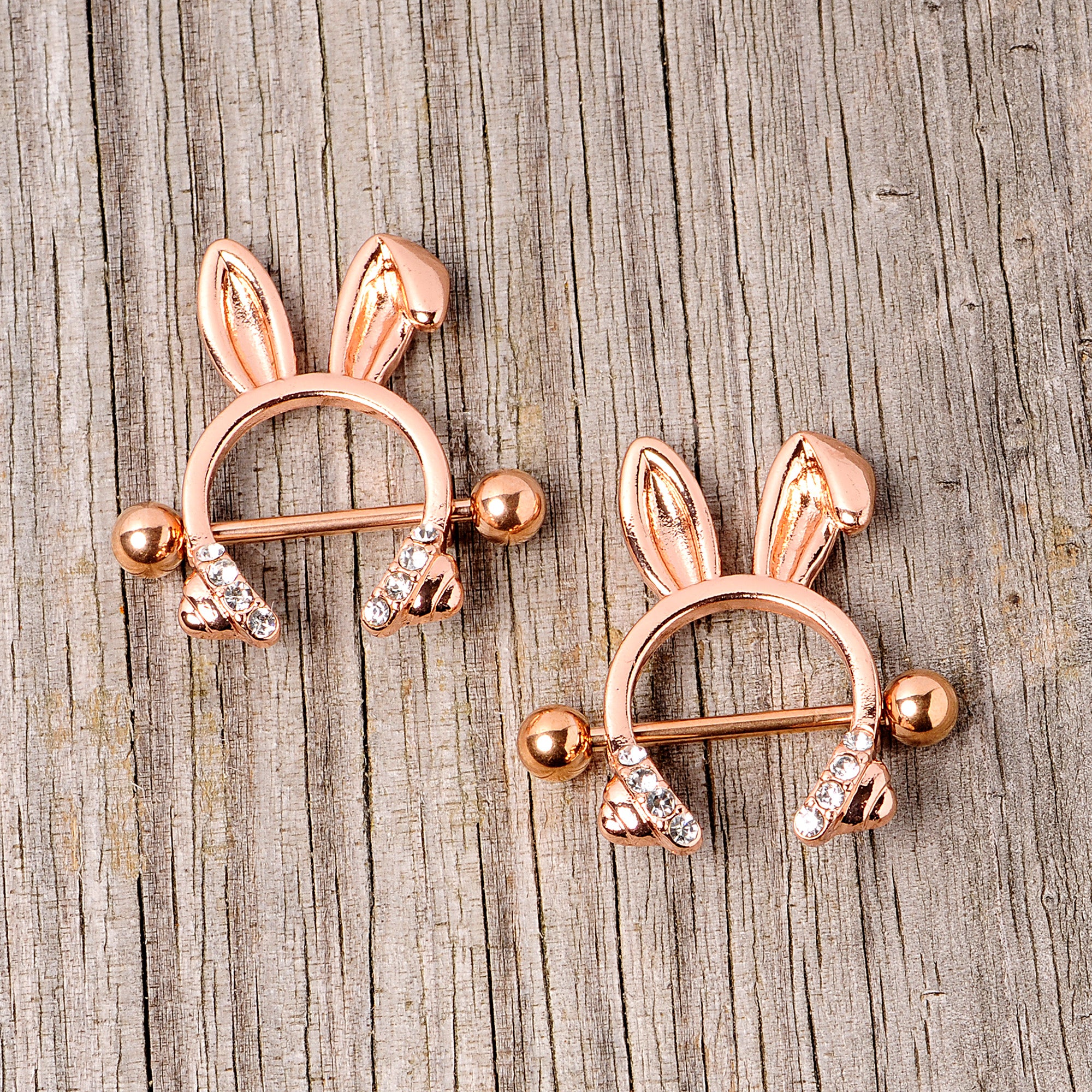 14G 9/16 Clear Gem Rose Gold Tone Bunny Ear Headphones Nipple Shield Set