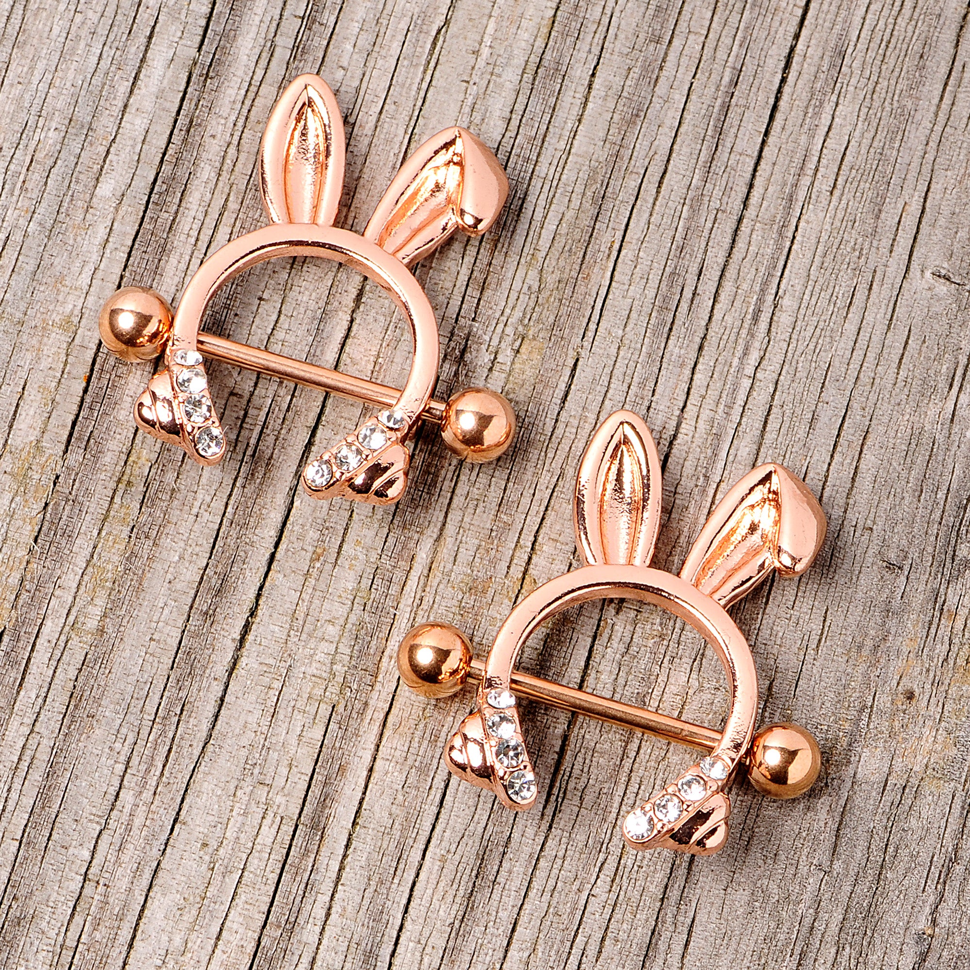14G 9/16 Clear Gem Rose Gold Tone Bunny Ear Headphones Nipple Shield Set