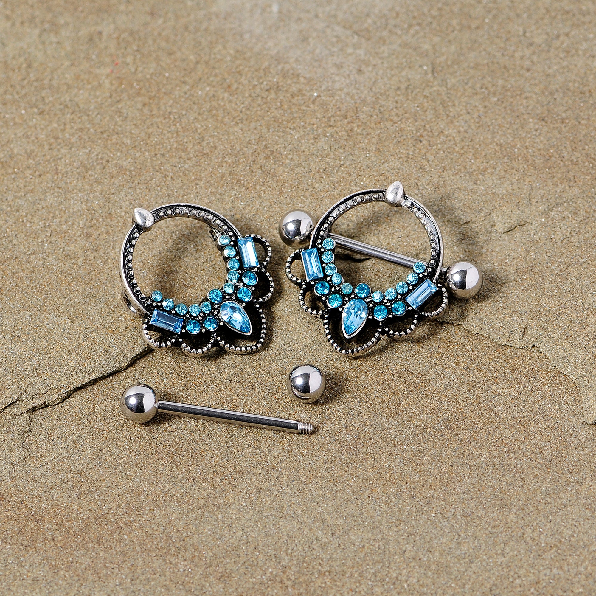 14G 5/8 Aqua Gem Filigree Nipple Shield Set