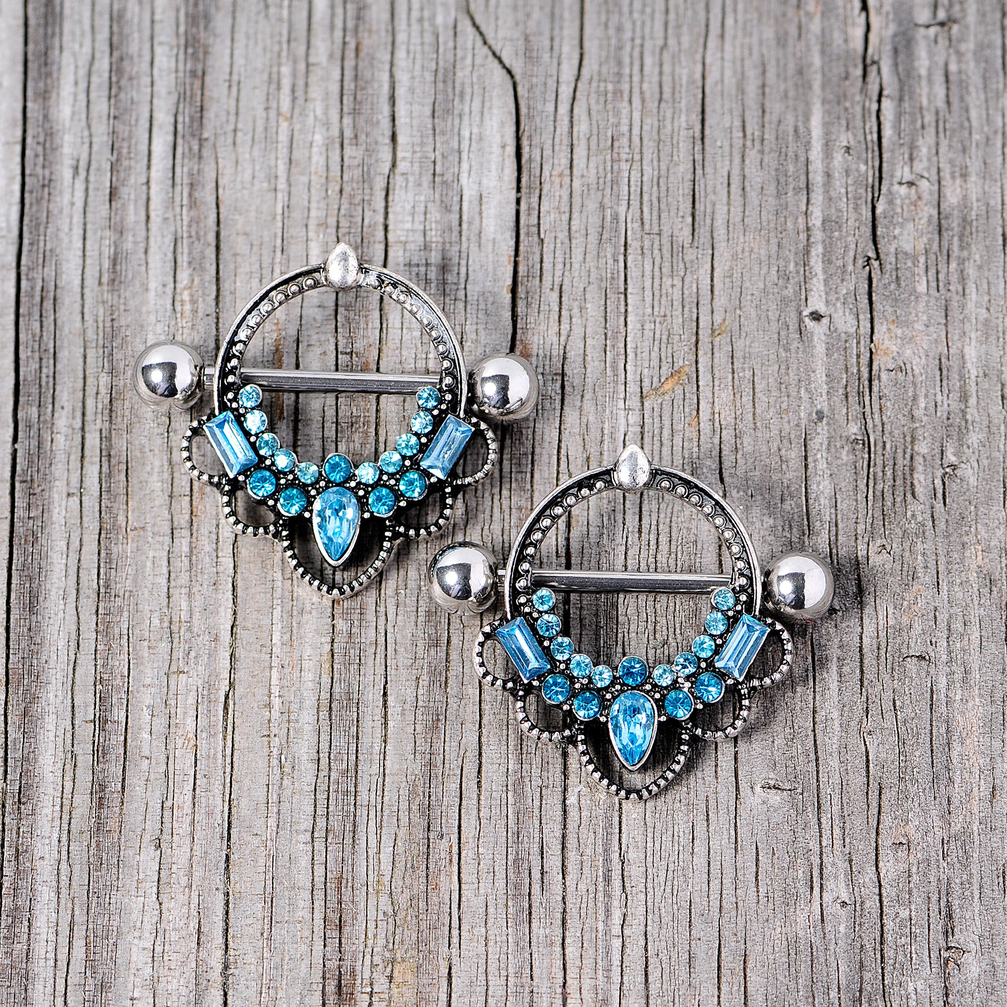 14G 5/8 Aqua Gem Filigree Nipple Shield Set