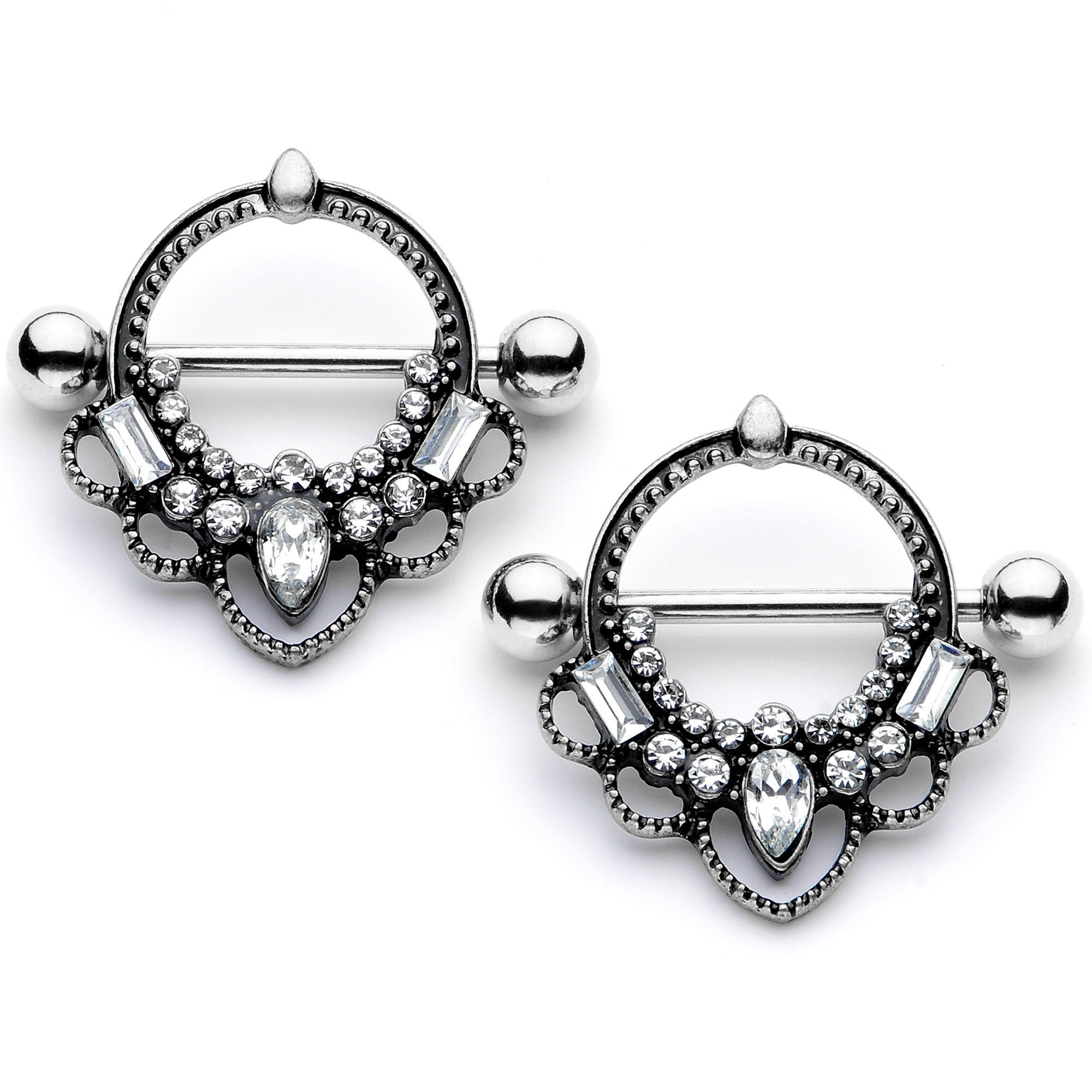 14G 5/8 Clear Gem Filigree Nipple Shield Set