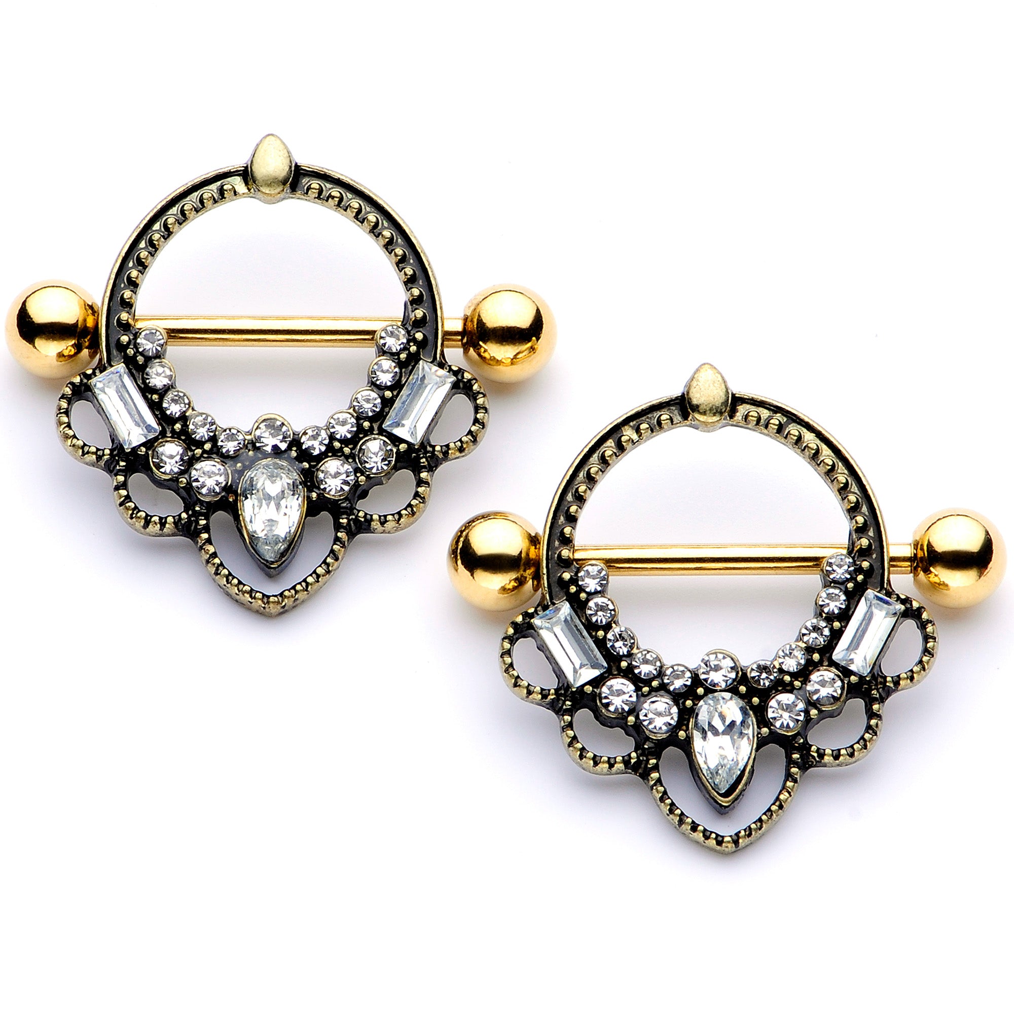 14G 5/8 Clear Gem Gold Tone Filigree Nipple Shield Set