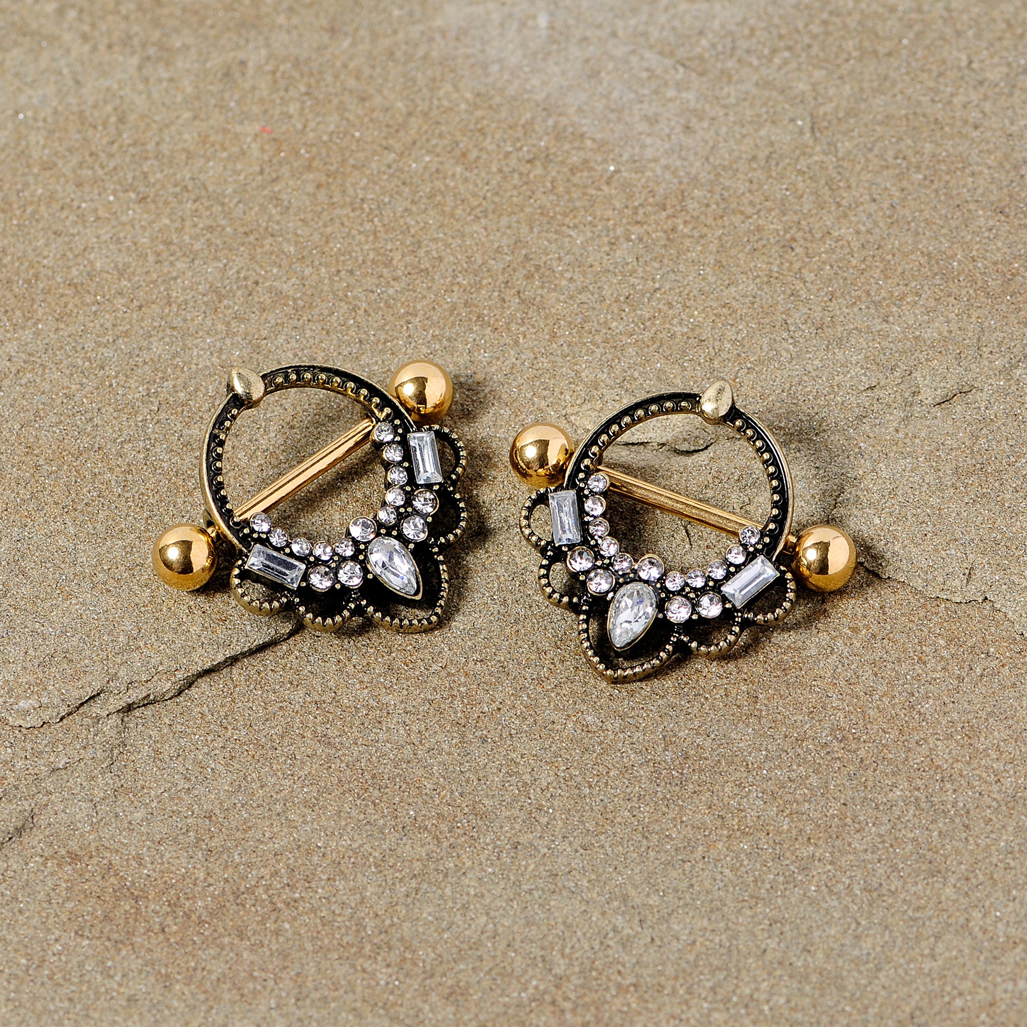 14G 5/8 Clear Gem Gold Tone Filigree Nipple Shield Set