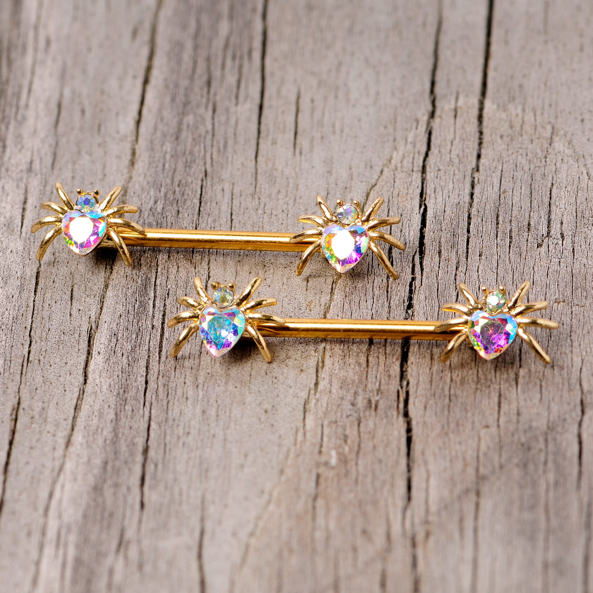 14G 9/16 Aurora Gem Gold Tone Heart Spider Barbell Nipple Ring Set
