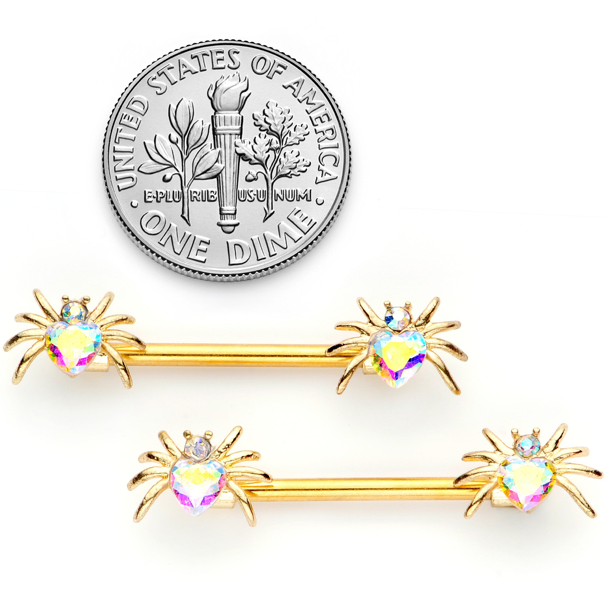 14G 9/16 Aurora Gem Gold Tone Heart Spider Barbell Nipple Ring Set