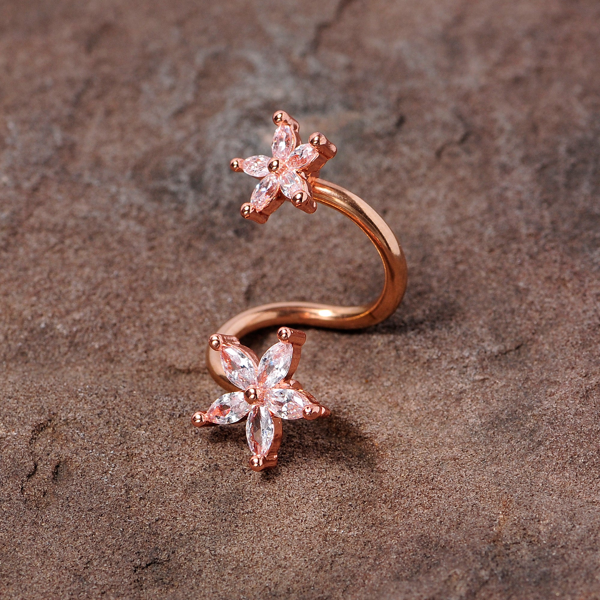 14G Clear Gem Rose Gold Hue Star Flower Spiral Twister Belly Ring